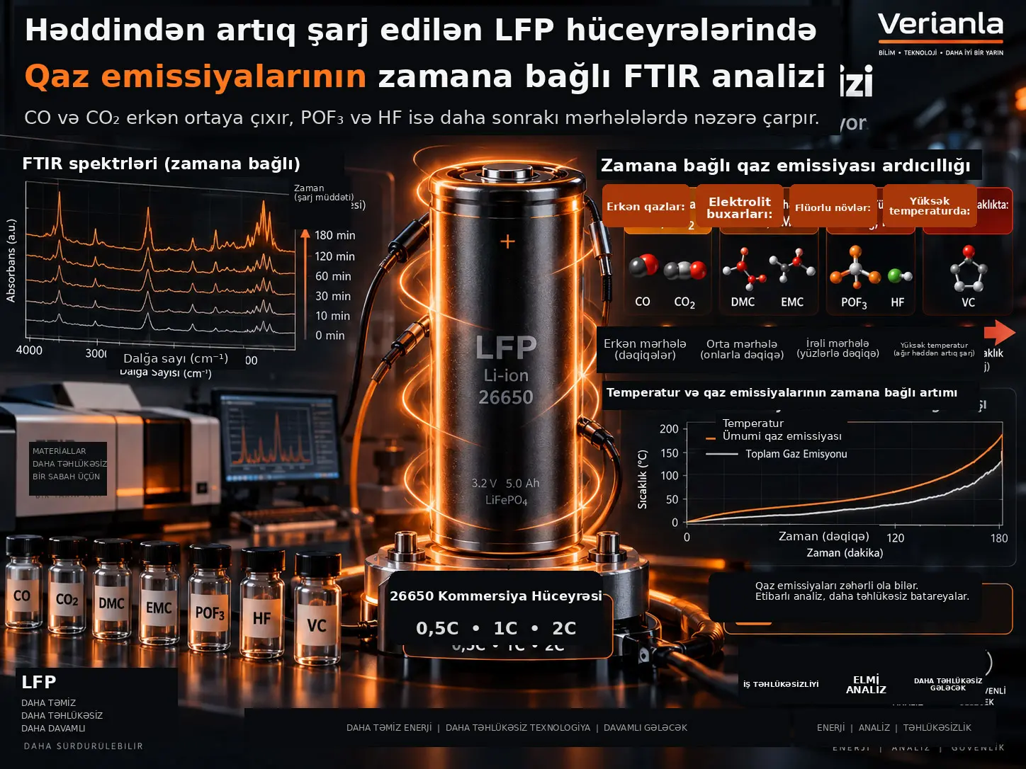 Həddindən Artıq Yüklənmiş Kommersiya LFP Litium-İon Hüceyrələrində Qaz Emissiyalarının Zamandan Asılı FTIR Analizi