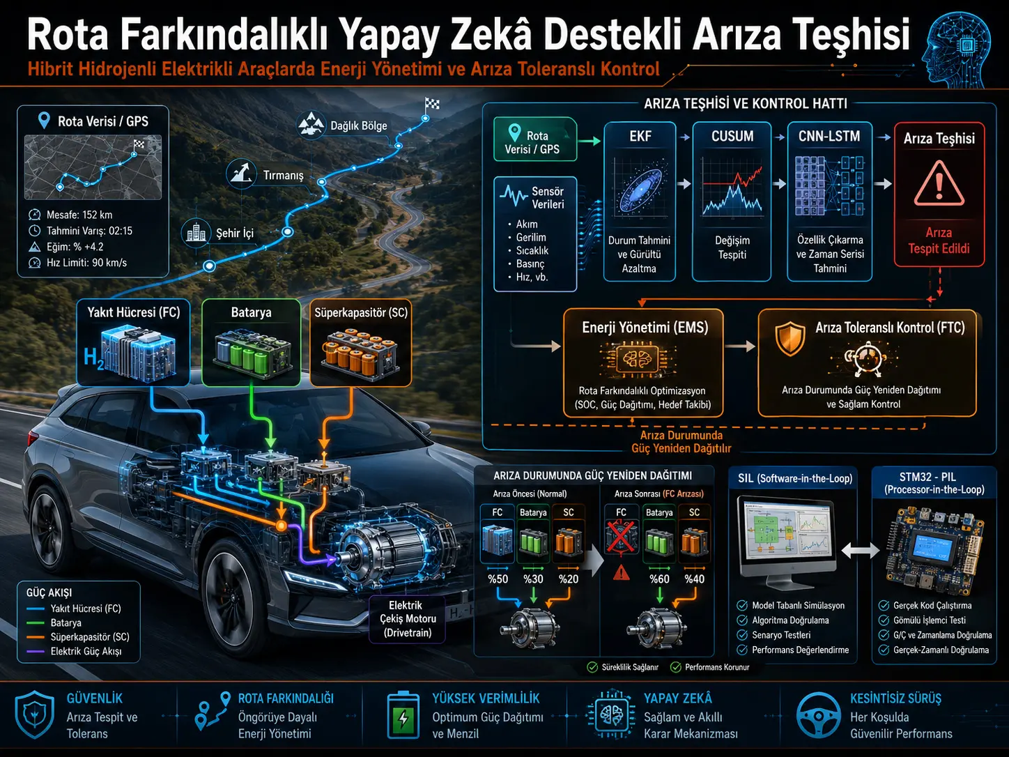 Hibrit Hidrojenli Elektrikli Araçlarda Rota Farkındalıklı Yapay Zekâ Destekli Arıza Teşhisi ve Arıza Toleranslı Enerji Yönetimi: SIL ve PIL Doğrulaması