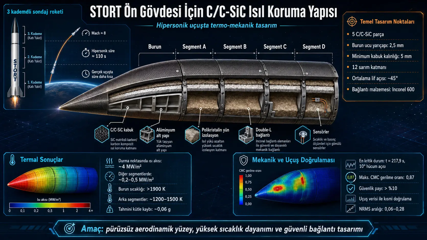 Gipertovushli STORT zondlovchi raketasining old korpusi uchun C/C-SiC asosidagi issiqlik himoya tuzilmasining termo-mexanik dizayni