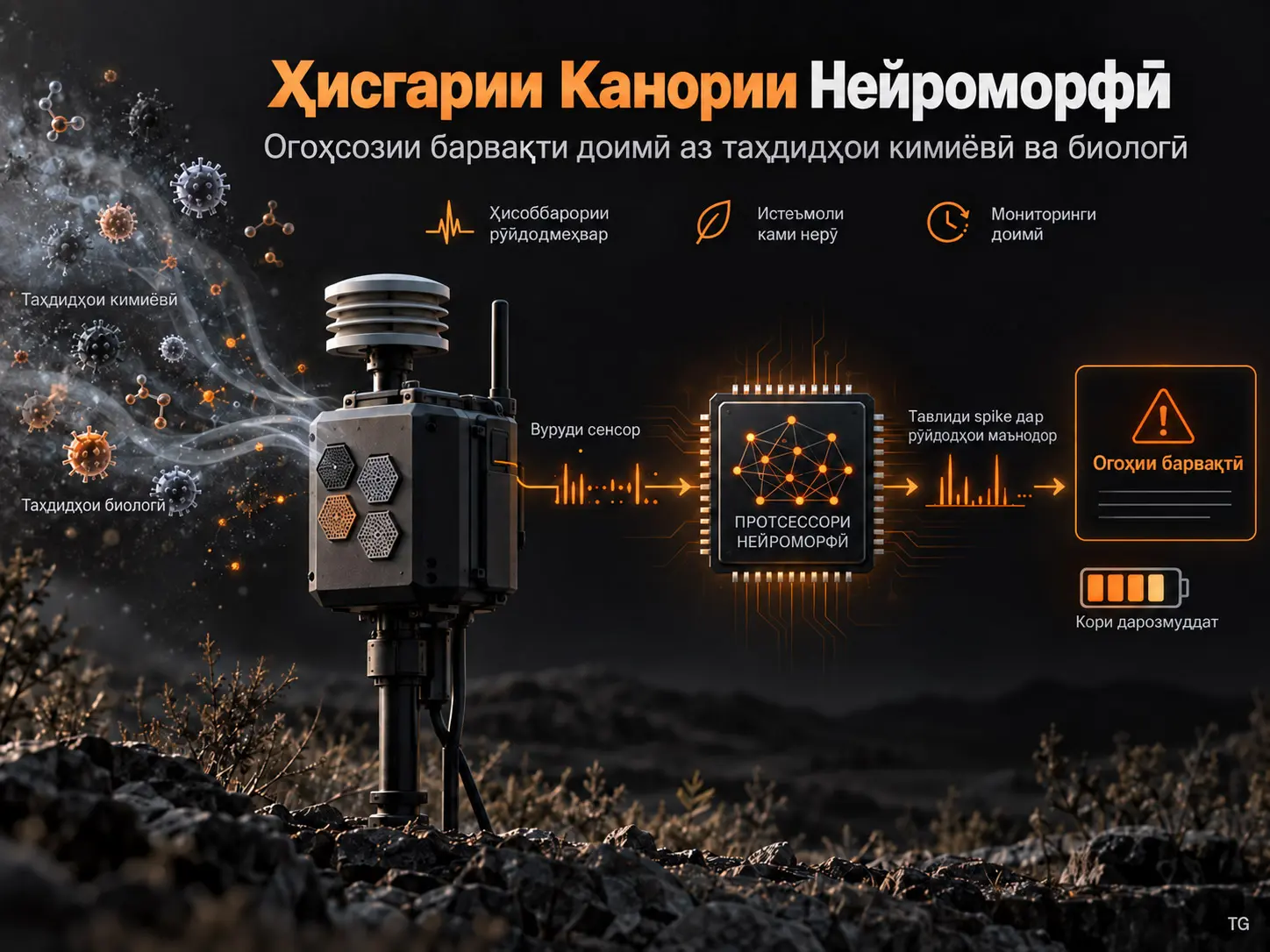 Ҳисгарии Канории Нейроморфӣ барои Огоҳсозии Барвақти Доимӣ аз Таҳдидҳои Кимиёвӣ ва Биологӣ
