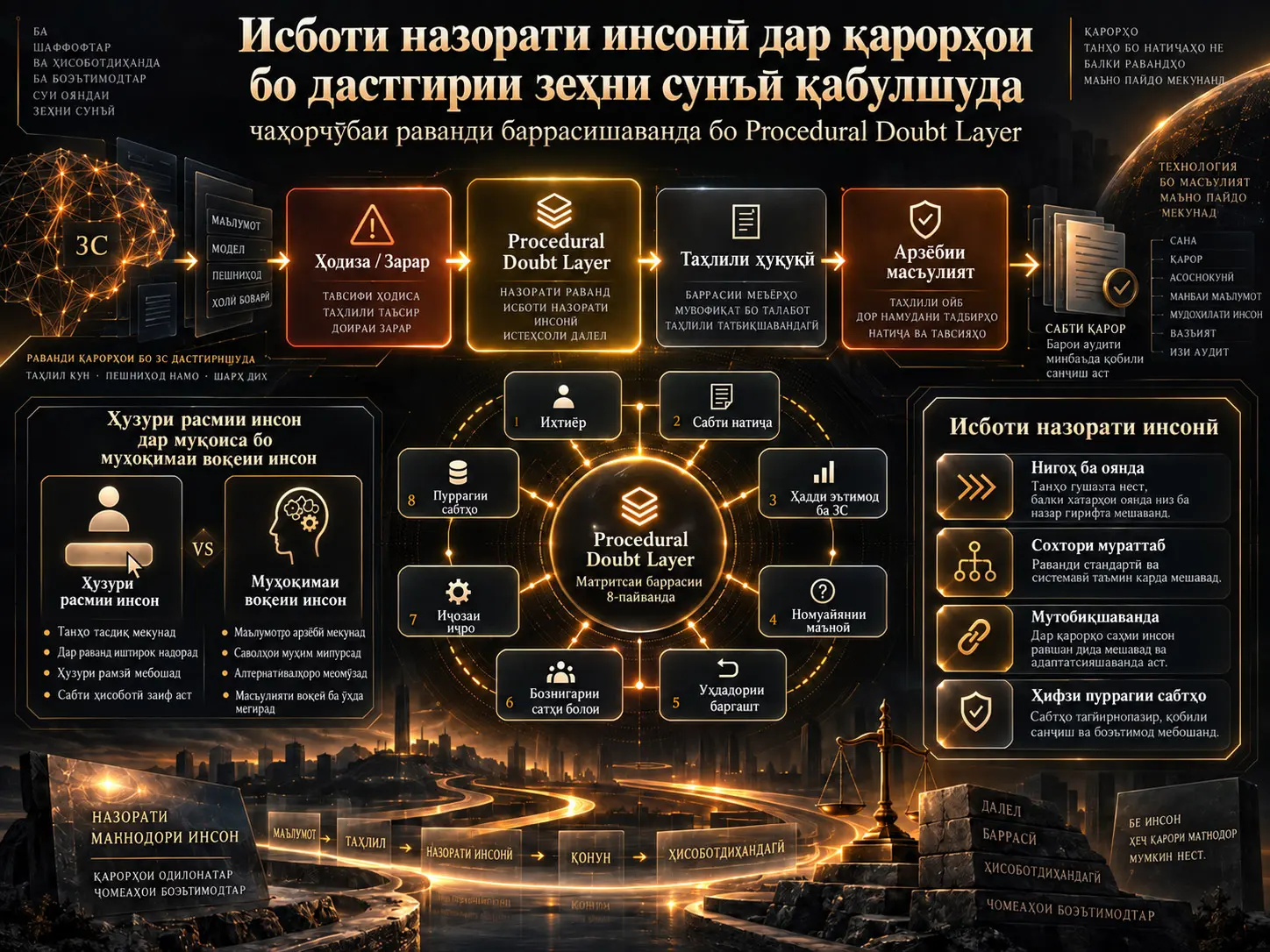 Исботи назорати инсонӣ дар қарорҳои бо дастгирии зеҳни сунъӣ қабулшуда: чаҳорчӯбаи раванди баррасишаванда бо Procedural Doubt Layer