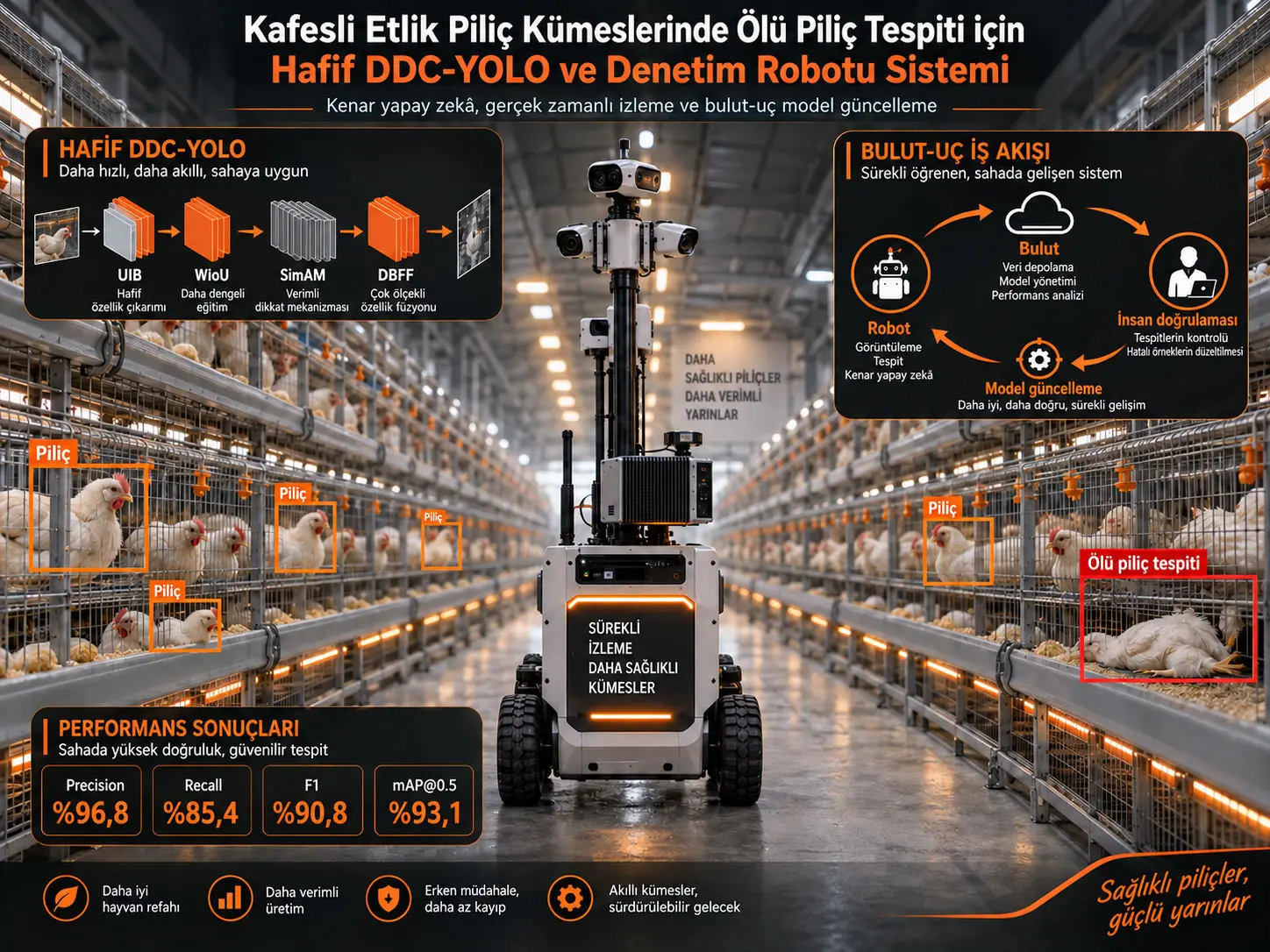 Kafesli Etlik Piliç Kümeslerinde Ölü Piliç Tespiti için Hafif DDC-YOLO ve Denetim Robotu Sistemi