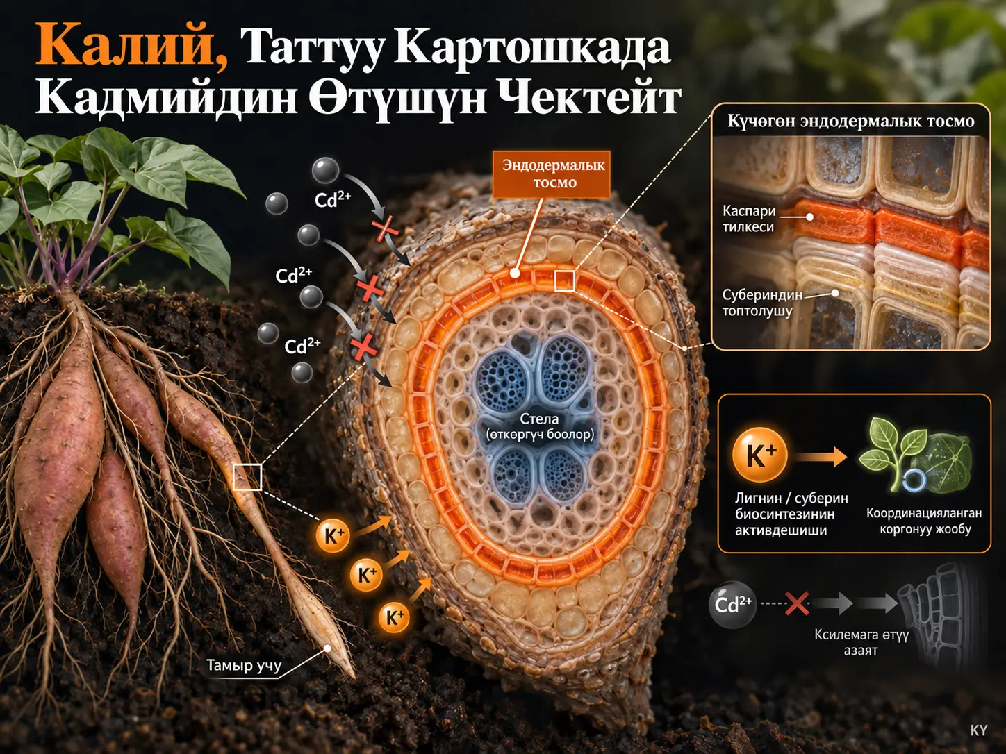 Калий Таттуу Картошкада Эндодермалык Тосмолорду Күчөтүп жана Энергия Бөлүштүрүүнү Кайра Программалоо Аркылы Кадмийдин Сиңишин Бөгөттөйт