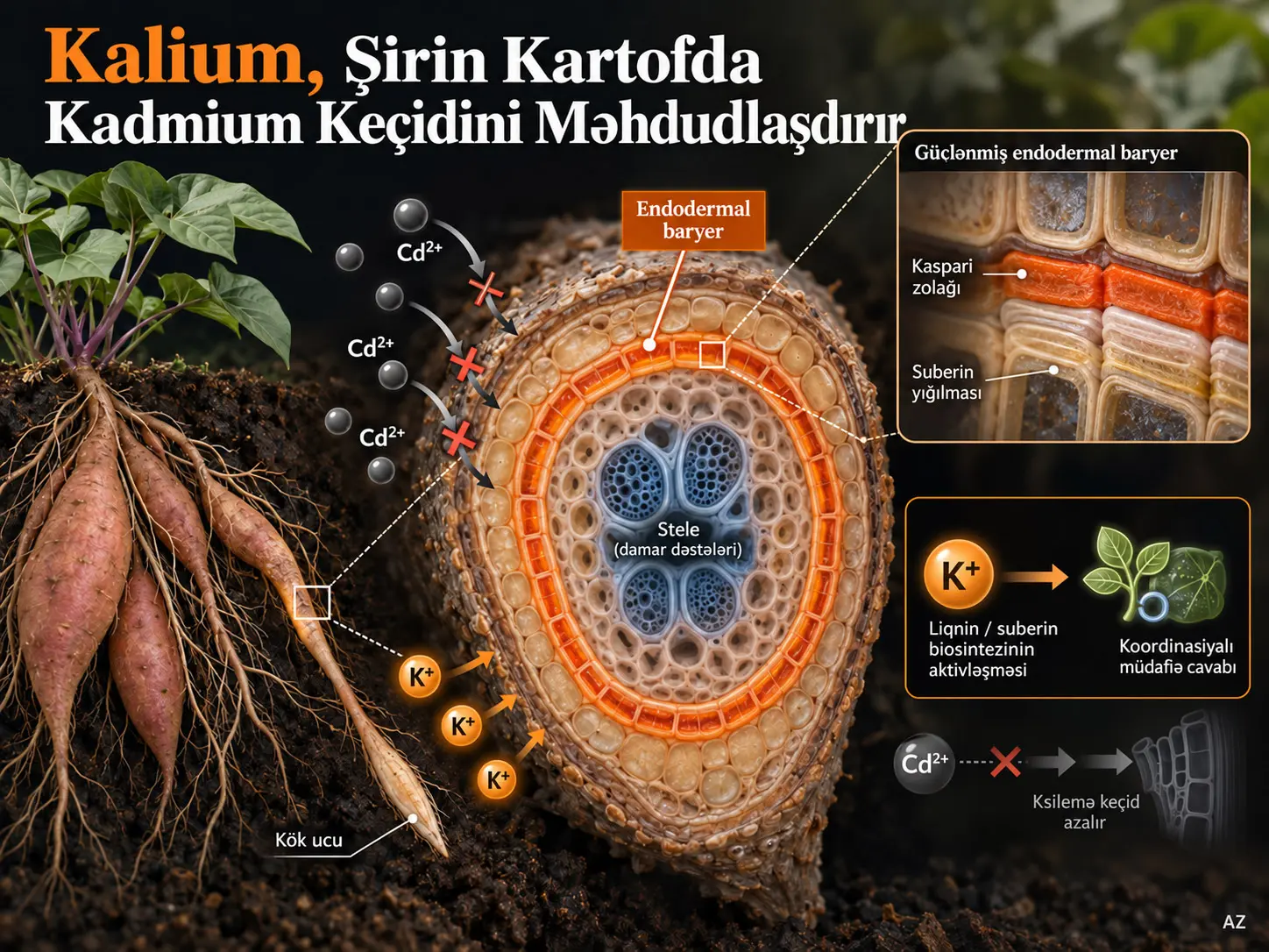 Kalium Şirin Kartofda Endodermal Baryerləri Gücləndirərək və Enerji Paylanmasını Yenidən Proqramlaşdıraraq Kadmium Qəbulunu Əngəlləyir