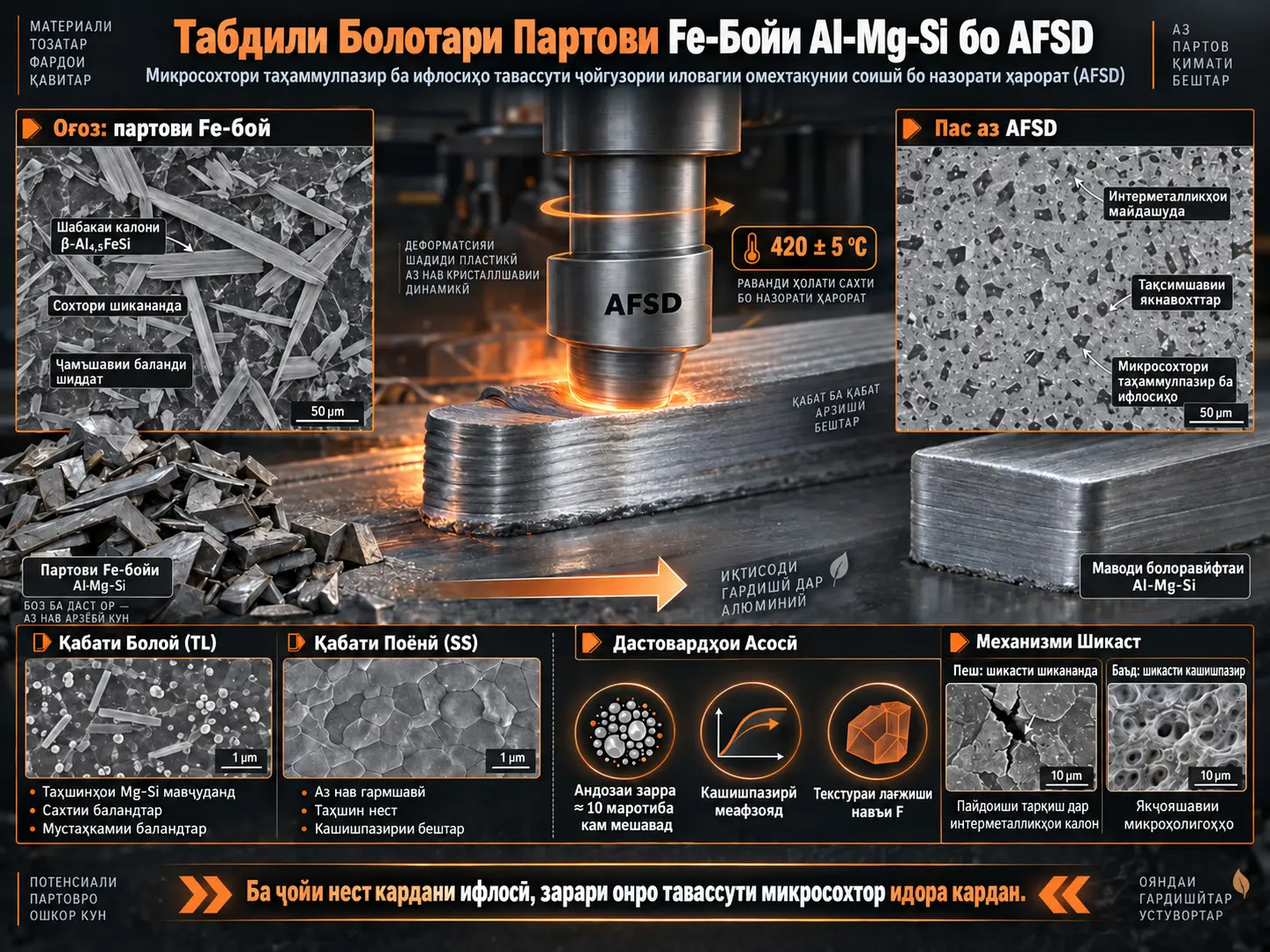 Коркарди Арзишмандтари Партовҳои Fe-Баланди Al-Mg-Si бо Additive Friction Stir Deposition-и Назоратшавандаи Ҳарорат: Микросохторҳои Ба Олудагиҳо Тобовар, Эволютсияи Таҳшинҳо ва Тафовутҳои Фазоии Микросохтор