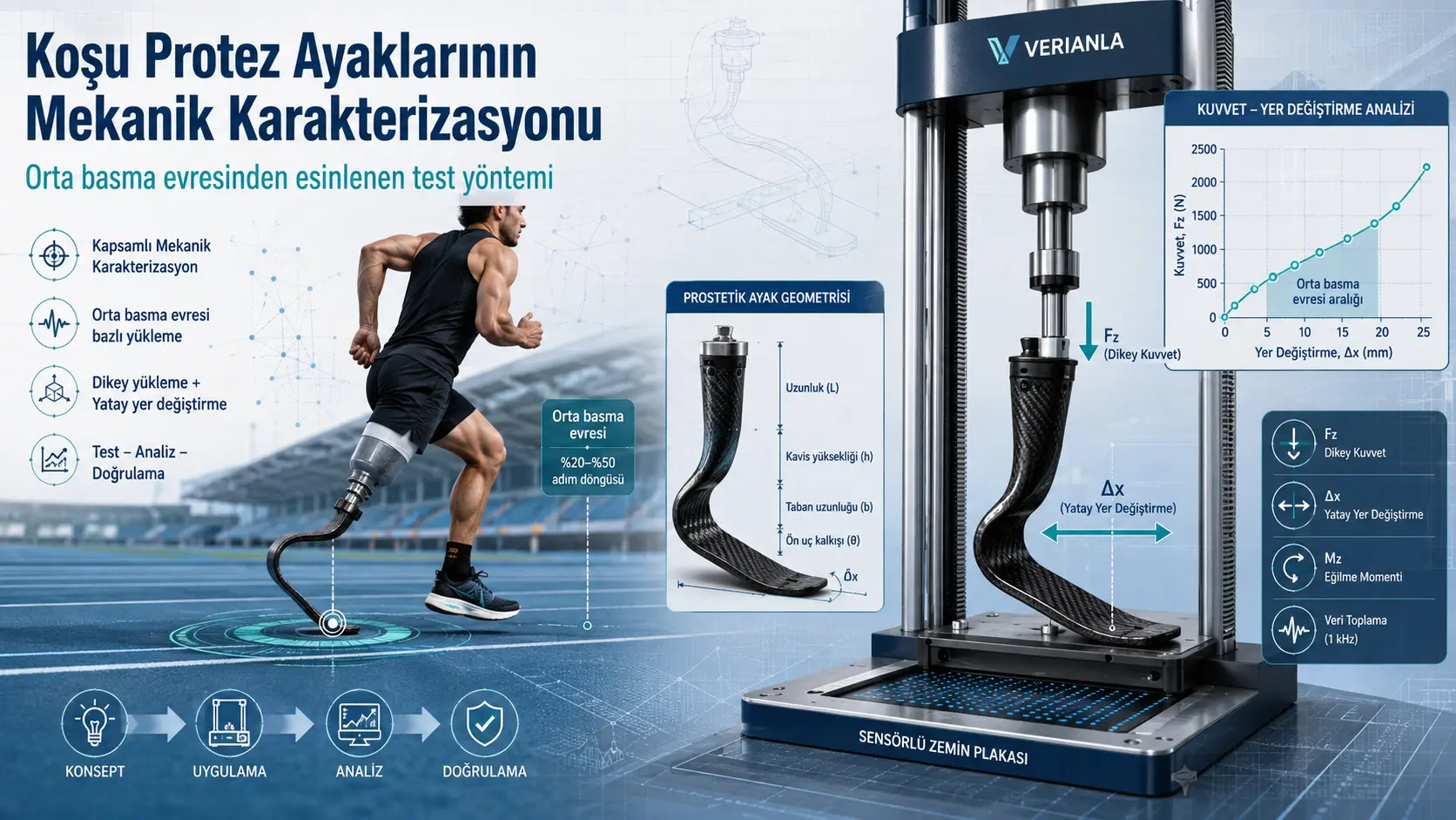 Yugurish protez oyoqlarini keng qamrovli mexanik tavsiflash uchun o‘rta tayanch bosqichidan ilhomlangan sinov usuli: konseptual doira, amalga oshirish va validatsiya