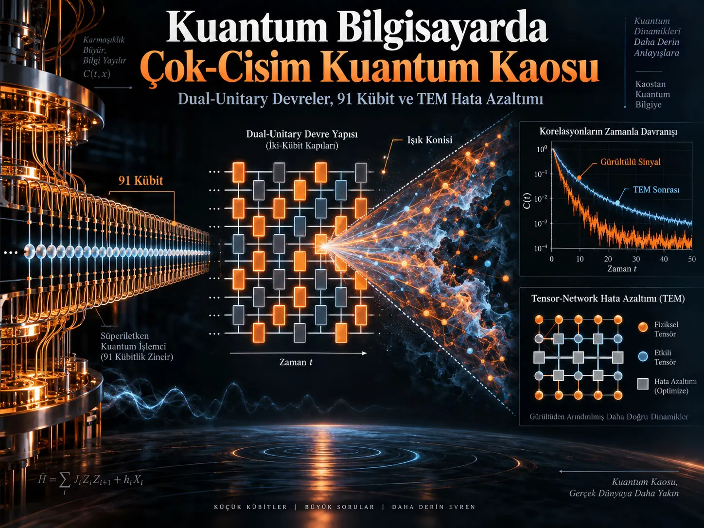 Kuantum Bilgisayarda Çok-Cisim Kuantum Kaosu: 91 Kübitlik Simülasyon ve Tensör-Ağ Hata Azaltımı