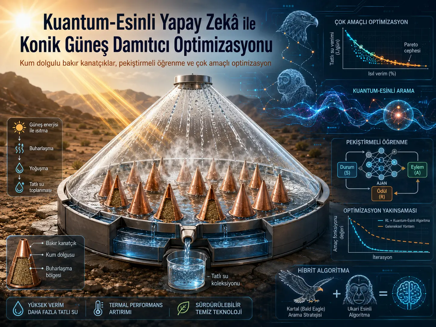 Qum bilan toʻldirilgan mis qanotchali konusli quyosh distillyatorlarining unumdorligini optimallashtirish uchun kuchaytirib oʻqitishli kvant-ilhomlangan gibrid Bald Eagle–Ukari algoritmi: yangi bio-ilhomlangan yondashuv