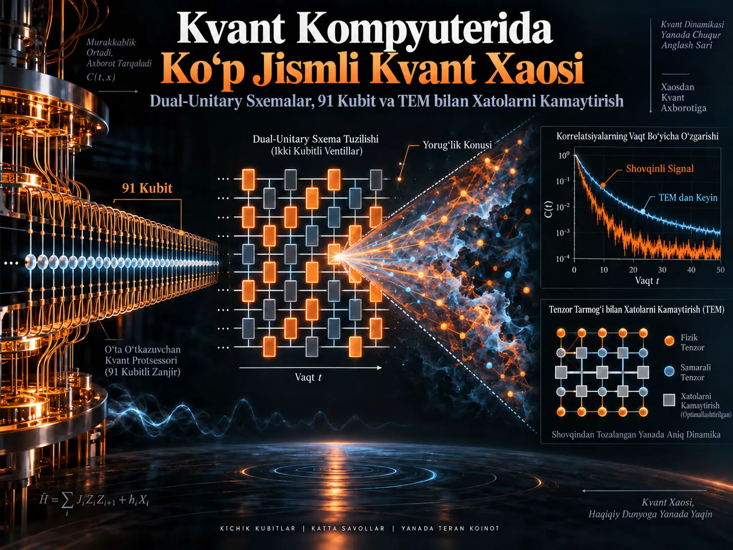 Kvant Kompyuterida Ko‘p Jismli Kvant Xaosi: 91 Kubitli Simulyatsiya va Tenzor Tarmog‘i Yordamida Xatolarni Kamaytirish