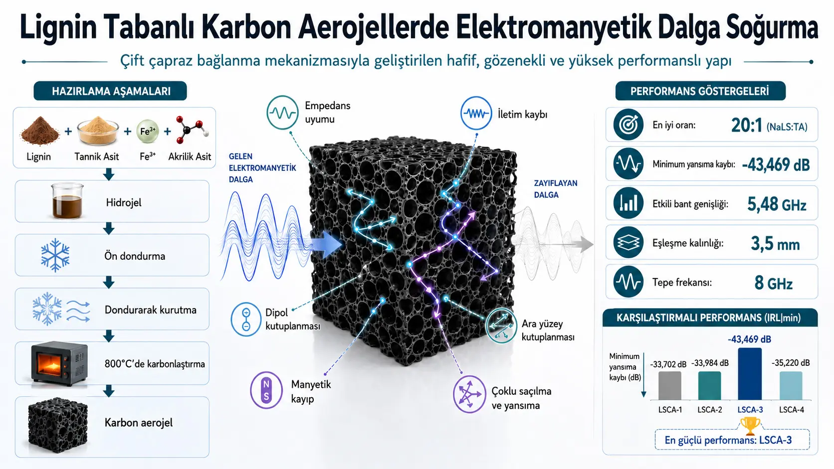 Lignin Tabanlı Karbon Aerojellerle Elektromanyetik Dalga Soğurma: Çift Çapraz Bağlanma, Hiyerarşik Gözenekler ve Demir Destekli Kayıp Mekanizmaları