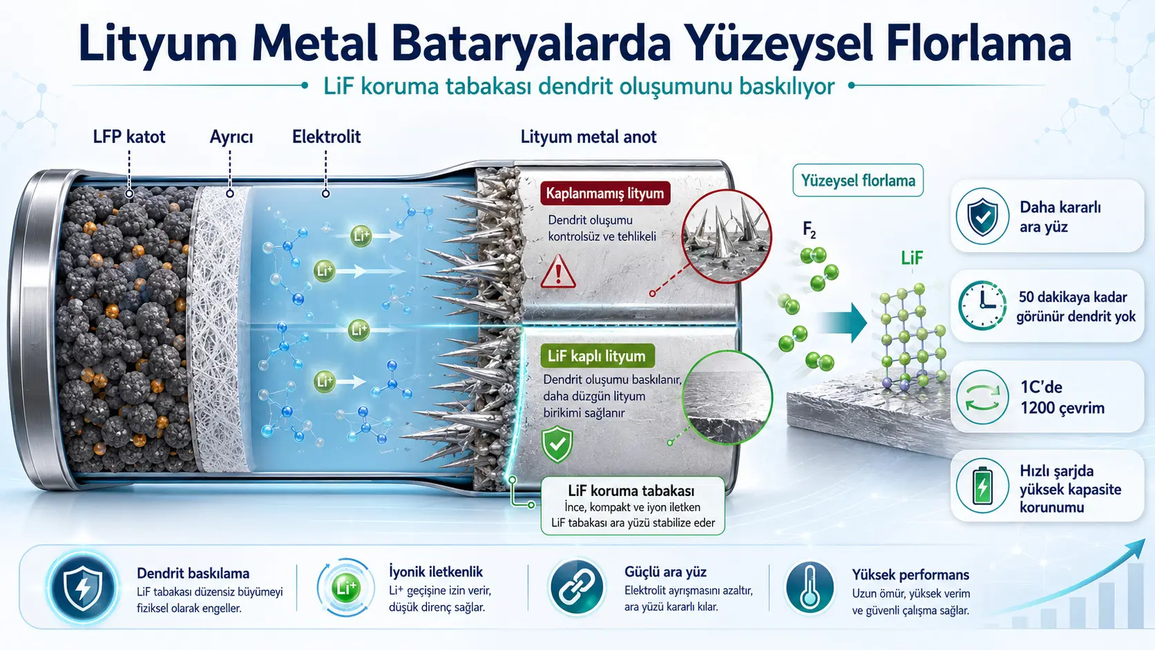 Litiy metall anodlar uchun LiF himoya qatlami: gaz fazasida ftorlash dendrit hosil bo‘lishini qanday bostirdi?