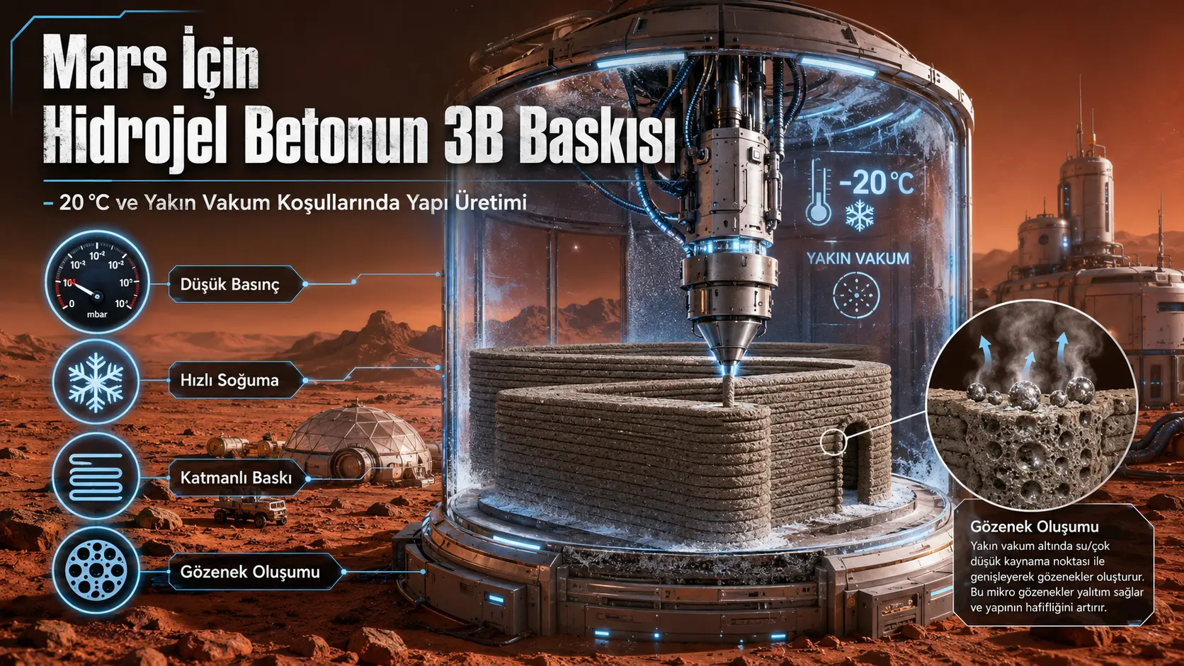Mars Benzeri Ortamda Hidrojel Betonun 3B Baskısı: −20 °C ve 0,01 Atmosferde Ekstrüzyon, Gözenek ve Dayanım