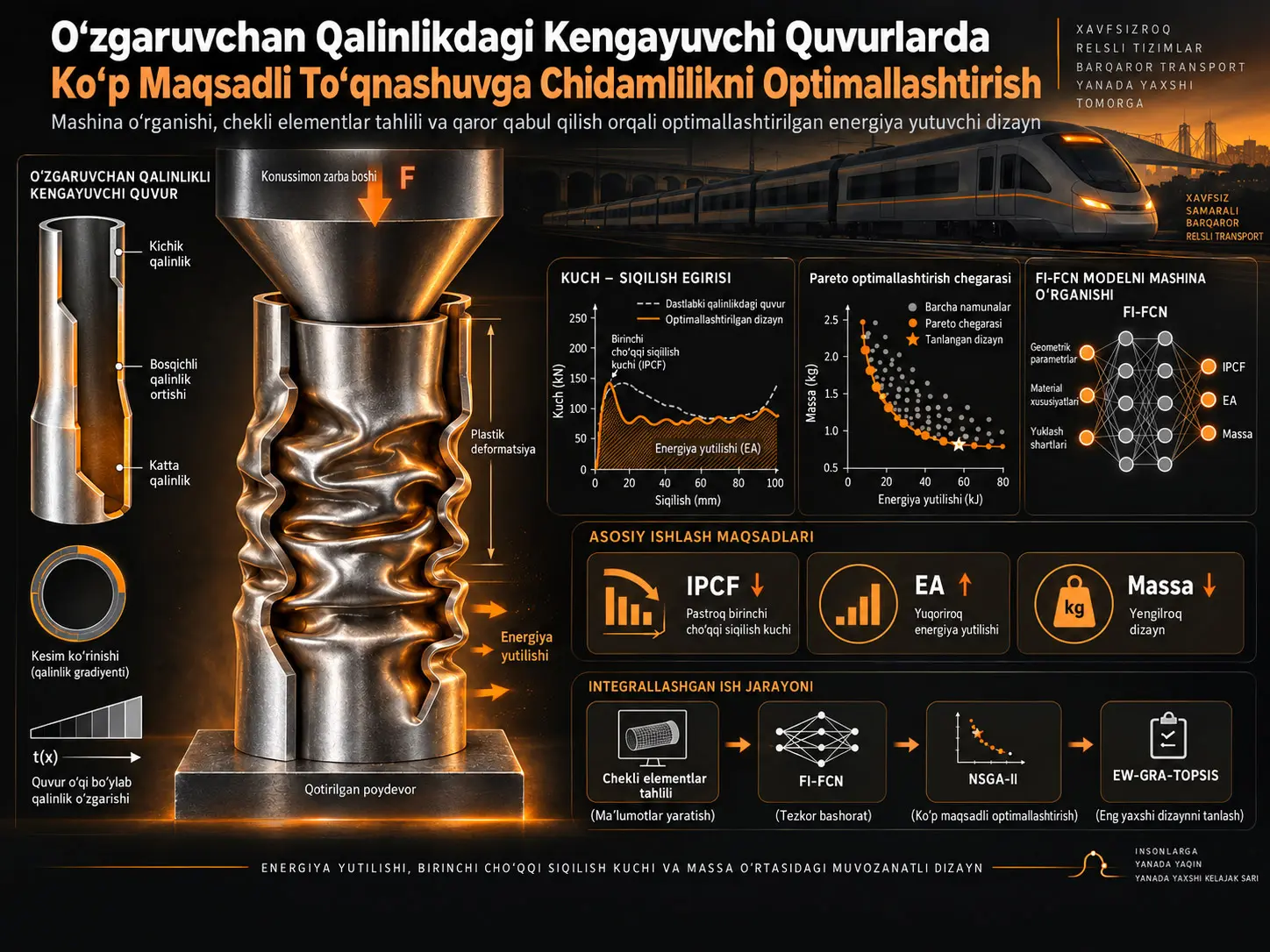 Mashinaviy O‘rganish va Ko‘p Mezonli Qaror Qabul Qilish bilan O‘zgaruvchan Qalinlikdagi Kengayuvchi Quvurlarda Ko‘p Maqsadli To‘qnashuvga Chidamlilikni Optimallashtirish