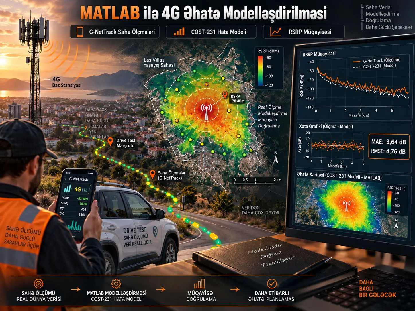 MATLAB ilə 4G LTE Əhatə Modelləşdirməsi: G-NetTrack Sahə Ölçmələri ilə COST-231 Hata Doğrulaması