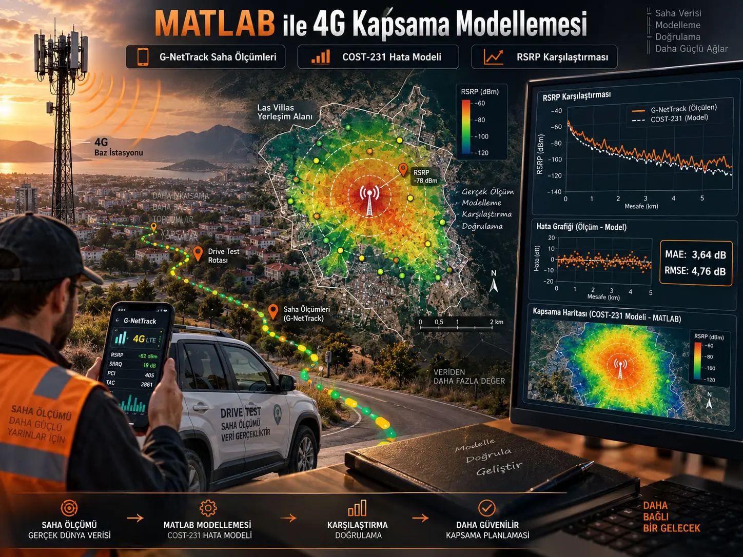 MATLAB ile 4G LTE Kapsama Modellemesi: G-NetTrack Saha Ölçümleriyle COST-231 Hata Doğrulaması