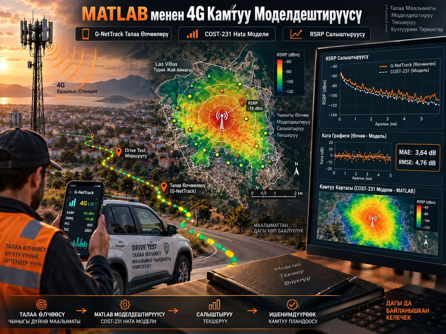 MATLAB менен 4G LTE Камтууну Моделдөө: G-NetTrack Талаа Өлчөөлөрү аркылуу COST-231 Hata Ырастоосу