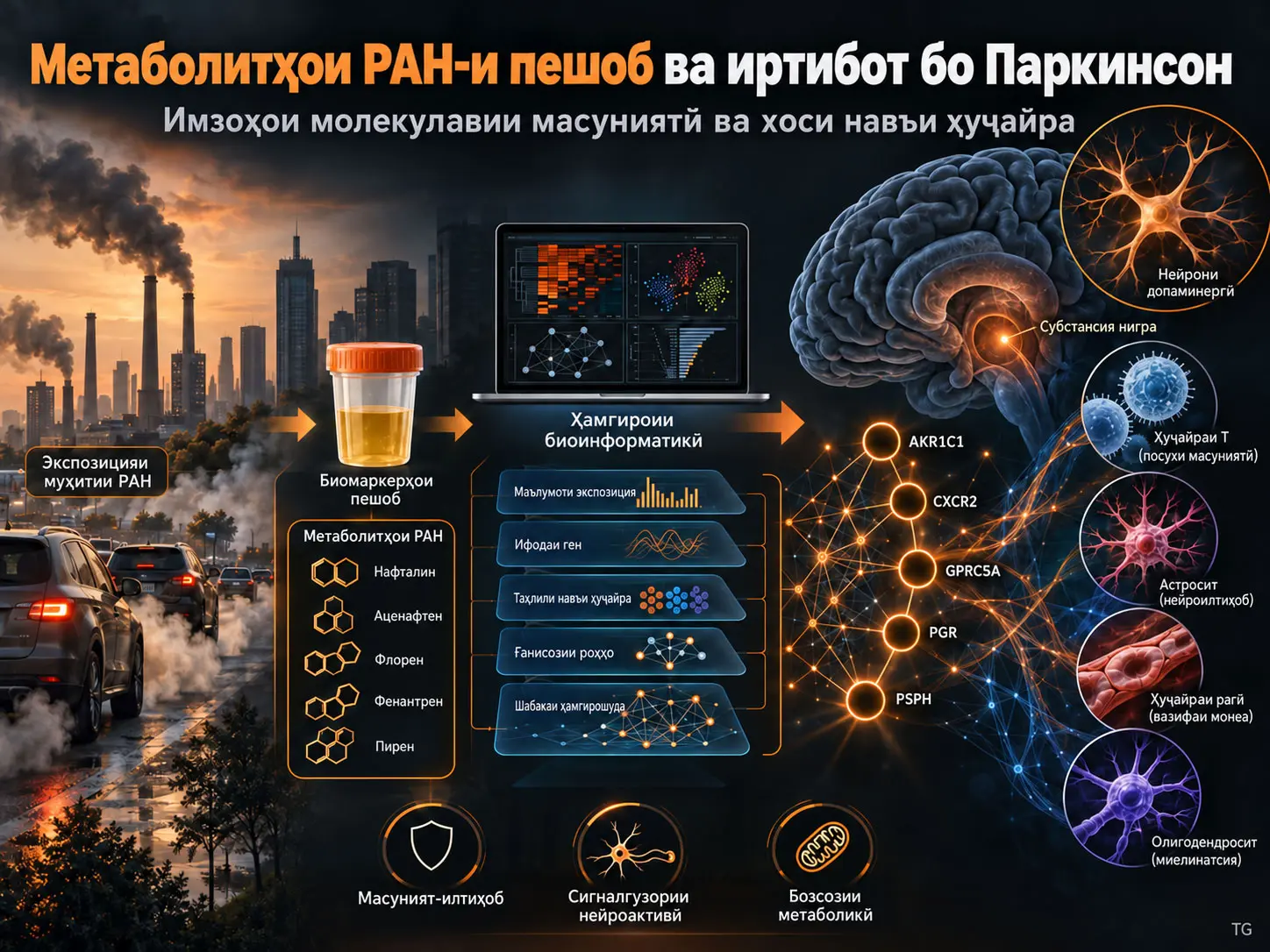 Метаболитҳои PAH-и пешоб бо имзоҳои молекулавии масуниятӣ ва хоси навъи ҳуҷайра, ки ба бемории Паркинсон алоқаманданд, чӣ гуна пайваст мешаванд? Натиҷаҳои таҳқиқоти ҳамгирошудаи экспозиция-биоинформатика