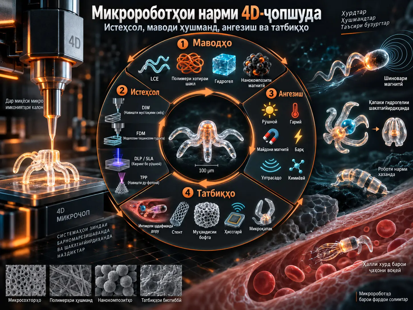 Микророботҳои нарми 4D-чопшуда: аз маводи ҳушманд то ҳаракати барномарезишаванда ва татбиқҳои биотиббӣ
