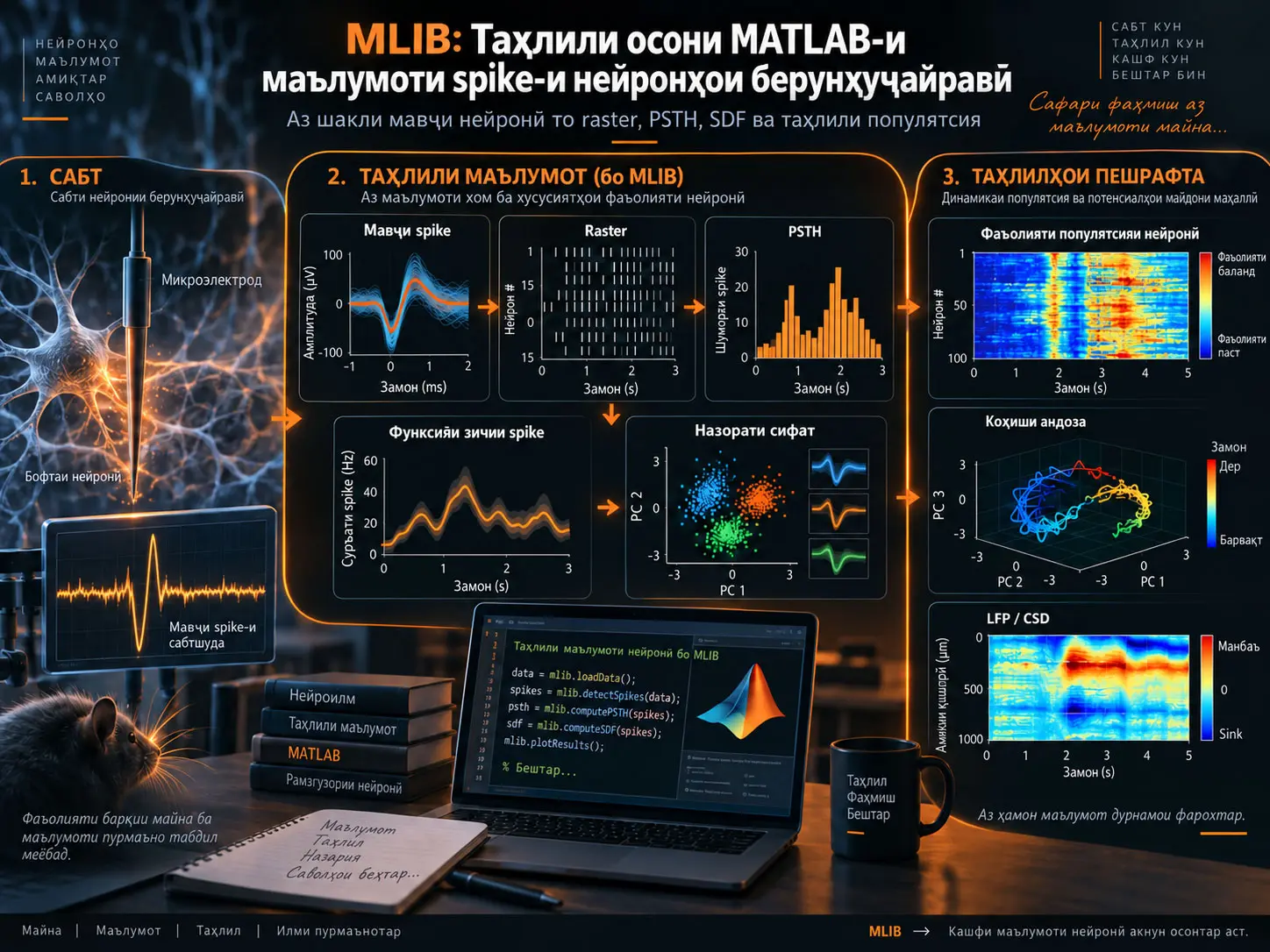 MLIB: Таҳлили Осон ва Ҳамгирошудаи Маълумоти Spike-и Нейронии Берунҳуҷайравӣ бо MATLAB