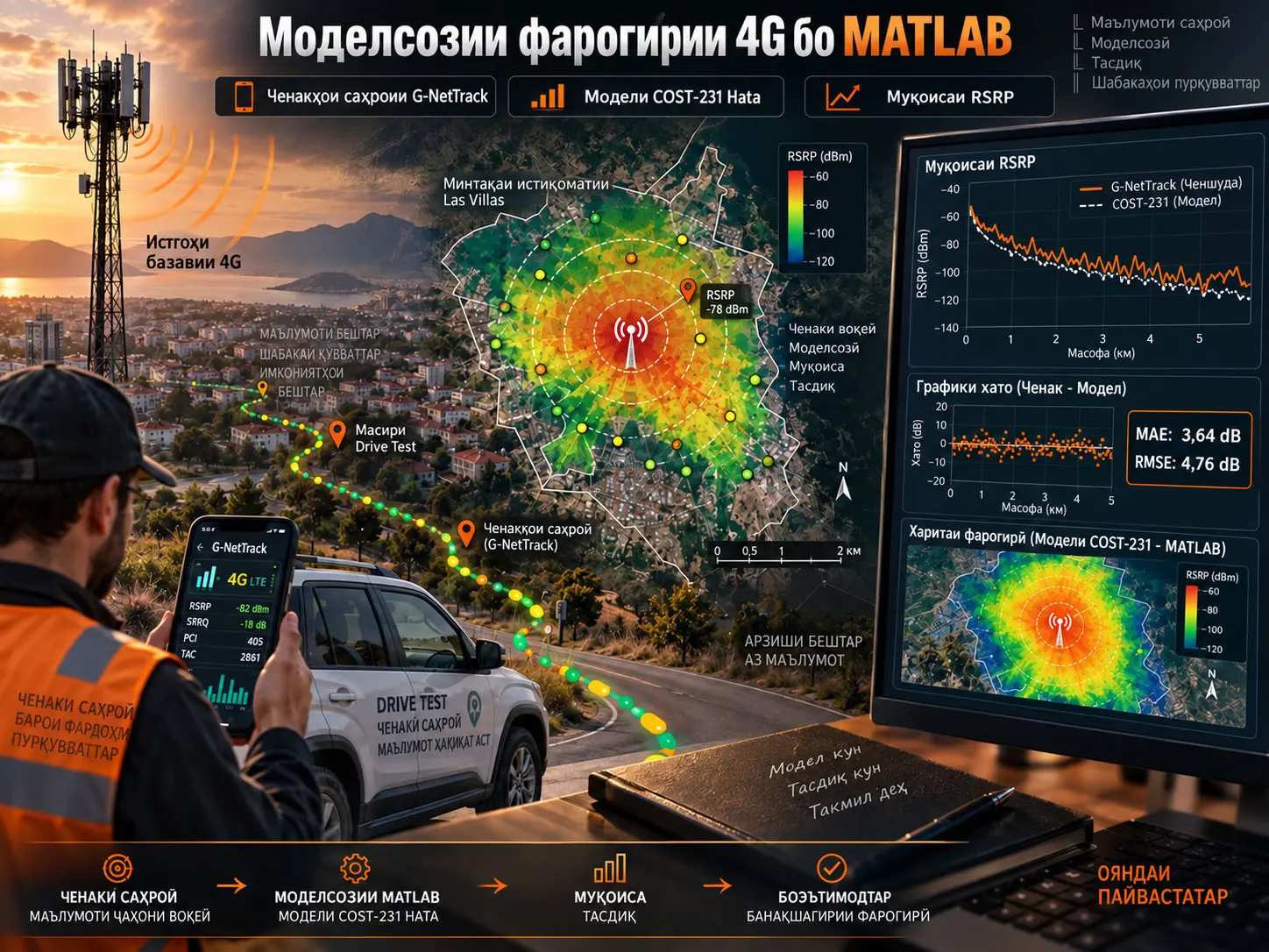 Моделсозии фарогирии 4G LTE бо MATLAB: Тасдиқи COST-231 Hata бо ченкуниҳои саҳроии G-NetTrack