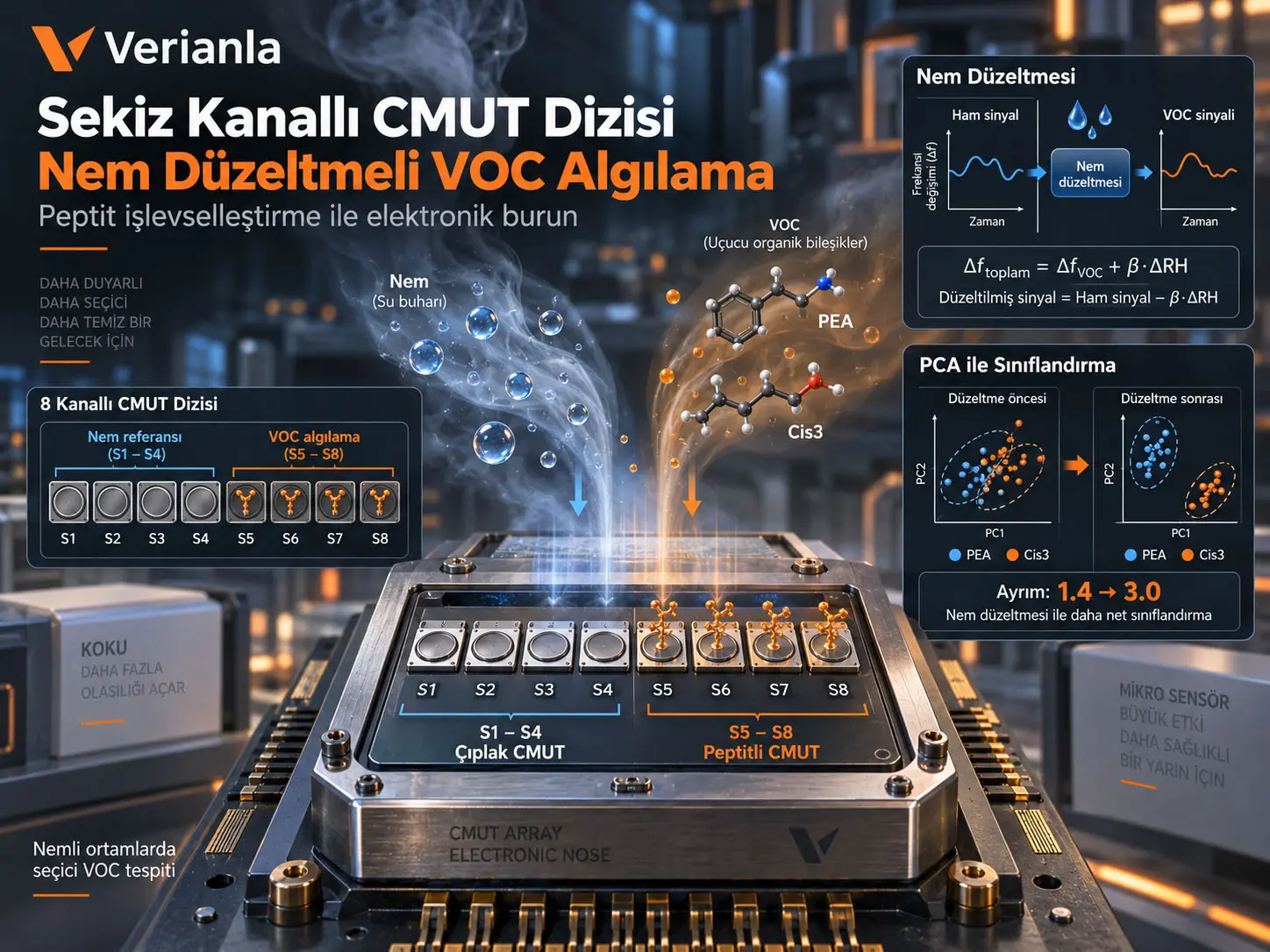 Nem Düzeltmeli ve Peptit İşlevselleştirmeli Sekiz Kanallı CMUT Dizisiyle Elektronik Burunlarda VOC Ayrımı