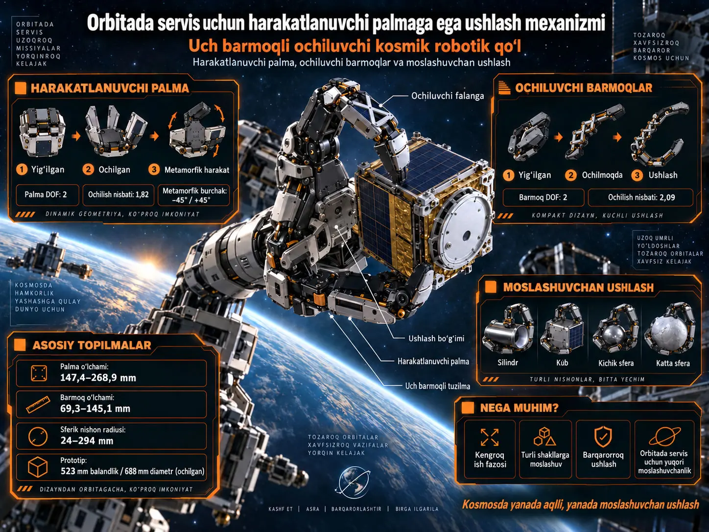 Orbitadagi servis vazifalari uchun harakatlanuvchi palmaga ega uch barmoqli kosmik ushlash mexanizmining dizayni va tahlili