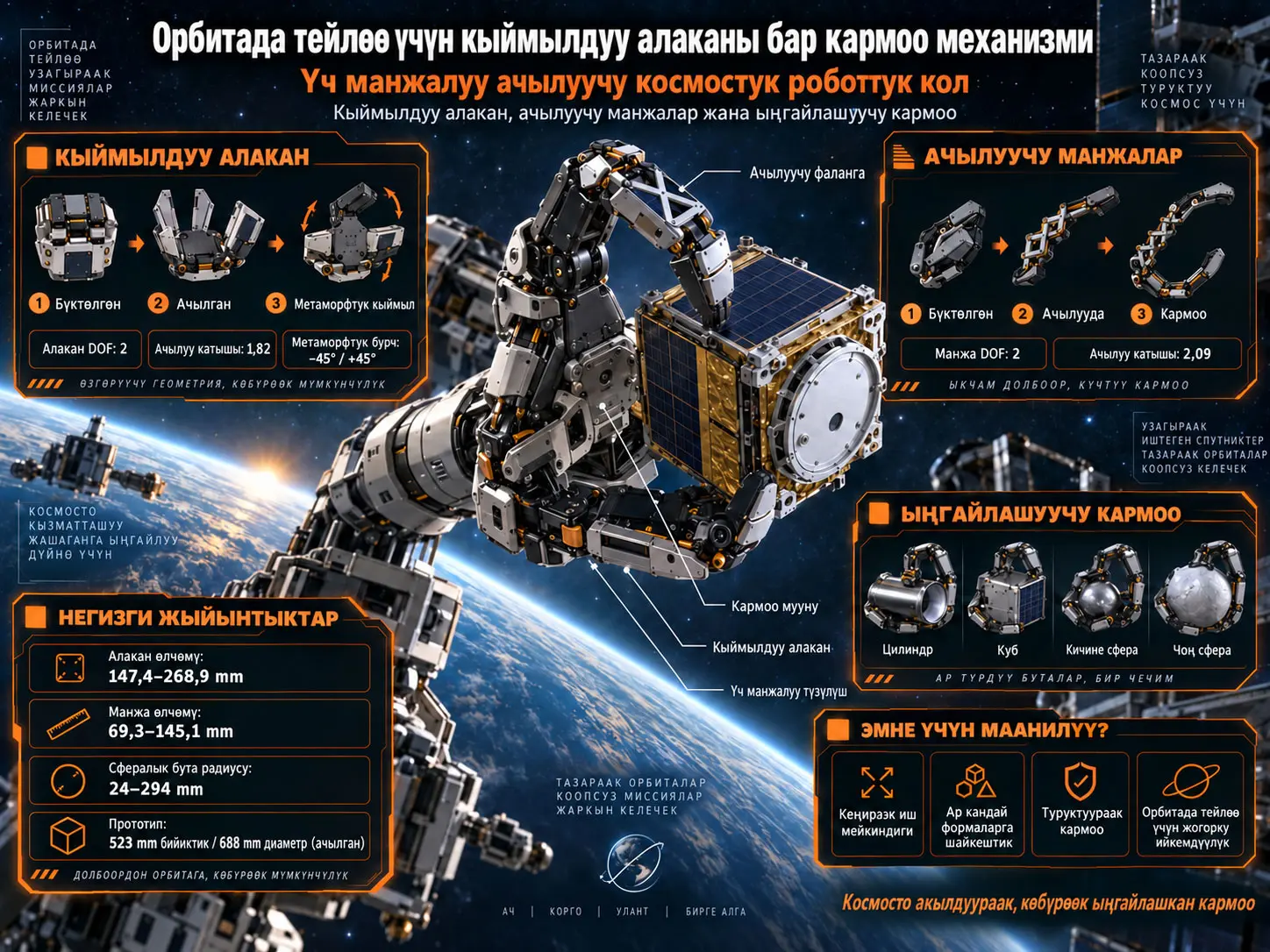 Орбитадагы тейлөө миссиялары үчүн кыймылдуу алаканы бар үч манжалуу космостук кармоо механизминин долбоорлоосу жана анализи