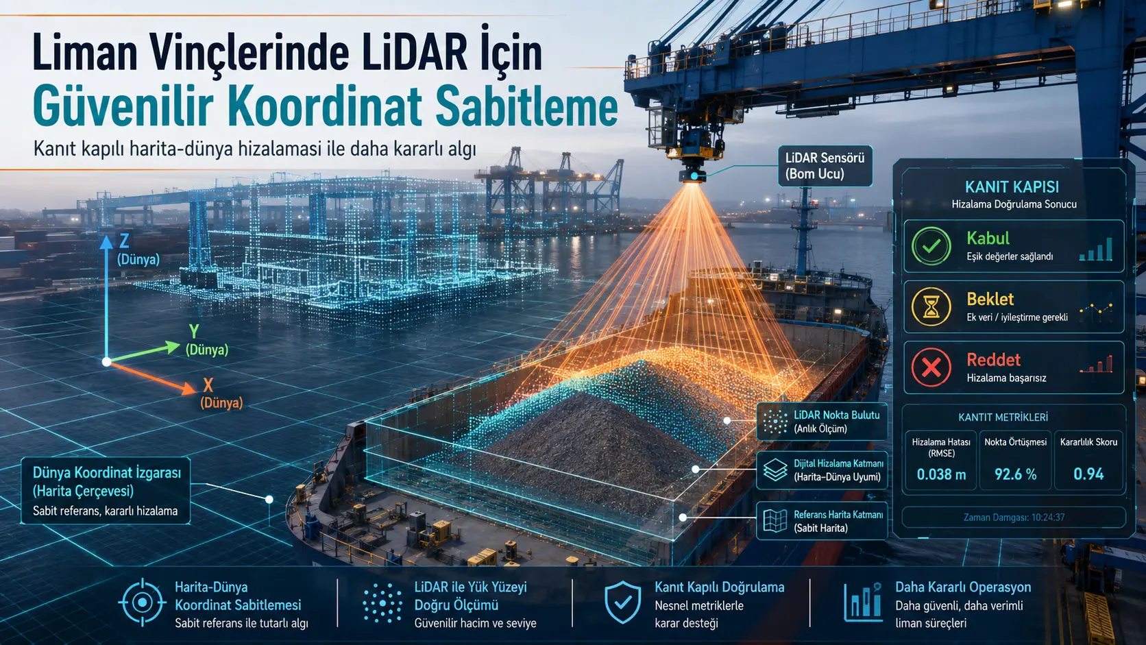 Otomatik Liman Vinci Operasyonlarında Endüstriyel LiDAR Algısı İçin Kanıt Kapılı Harita-Dünya Koordinat Sabitlemesi