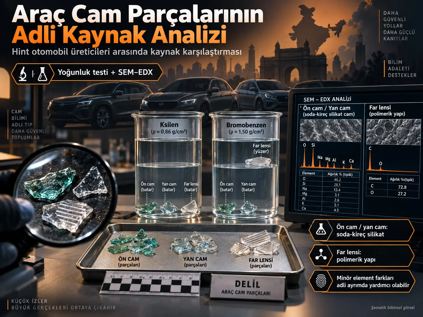 Otomotiv Cam Parçalarının Adli Kaynak Analizi: Yoğunluk ve SEM–EDX ile Araç Üreticilerinin Ayrıştırılması