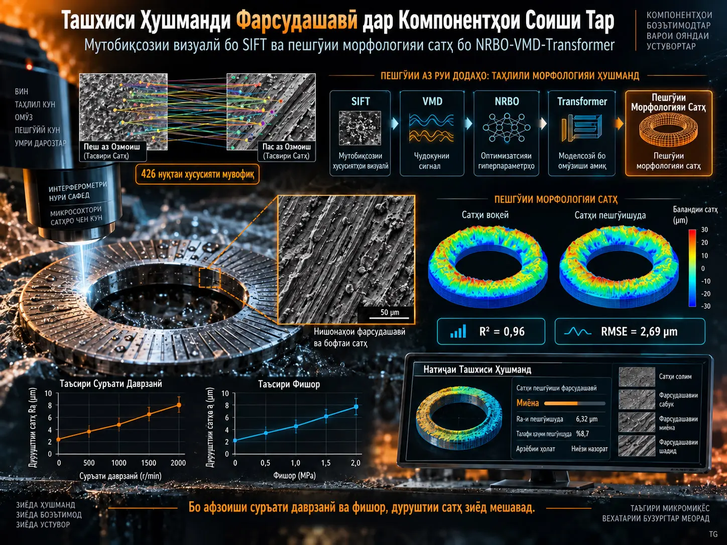 Пешгӯии Ҳушманди Фарсудашавӣ дар Компонентҳои Соиши Тар: Мутобиқсозии Минтақаҳои Микро бо SIFT ва Пешгӯии Морфологияи Сатҳ бо NRBO-VMD-Transformer