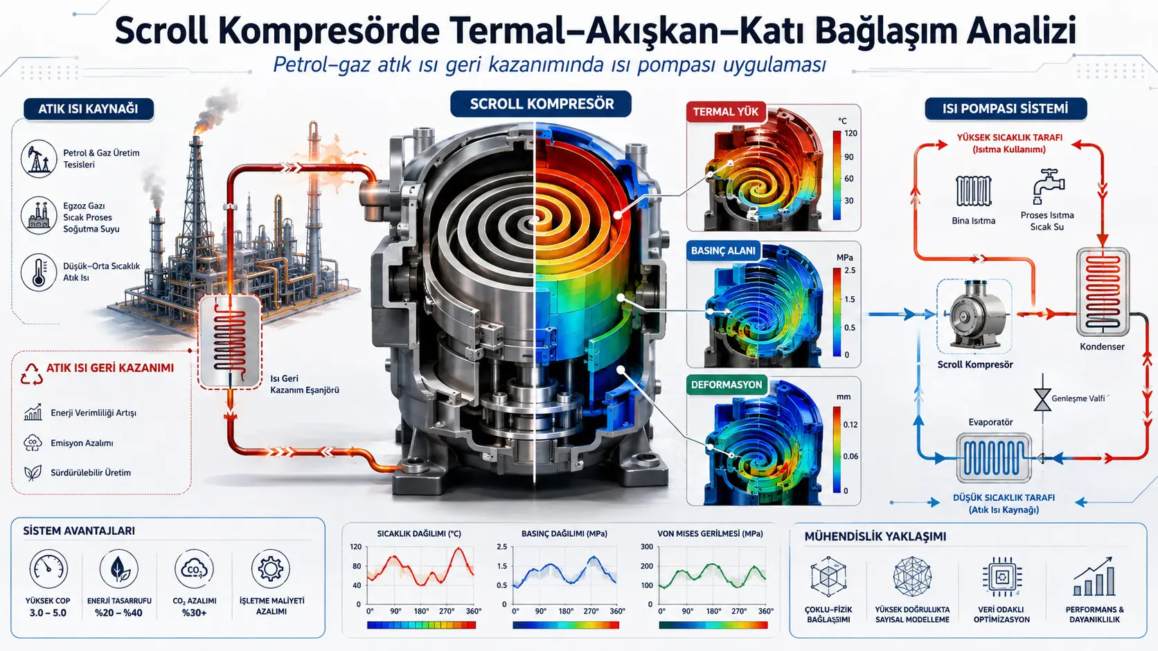 Petrol–Gaz Atık Isı Geri Kazanım Isı Pompası Sistemindeki Bir Scroll Kompresörün Termal–Akışkan–Katı Bağlaşım Özelliklerinin İncelenmesi