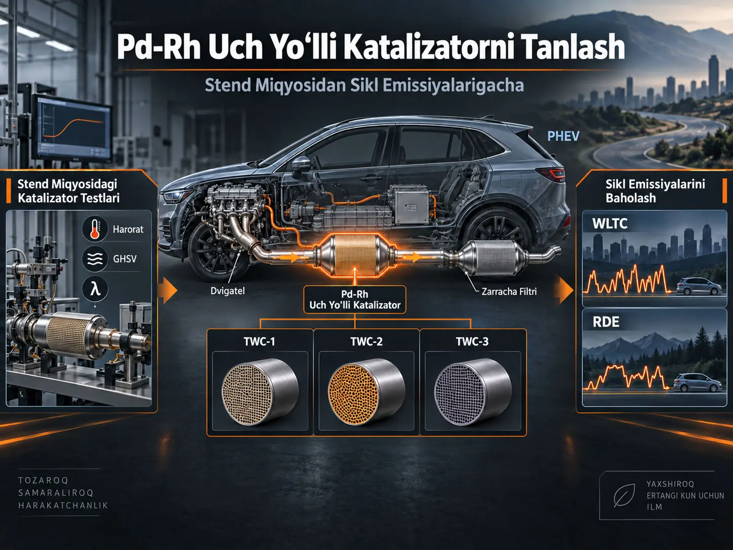 Plug-in gibrid avtomobillarda Pd-Rh uch yo‘lli katalizatorni tanlash: stend miqyosidagi konversiya xususiyatlaridan WLTC va RDE sikl emissiyalarigacha