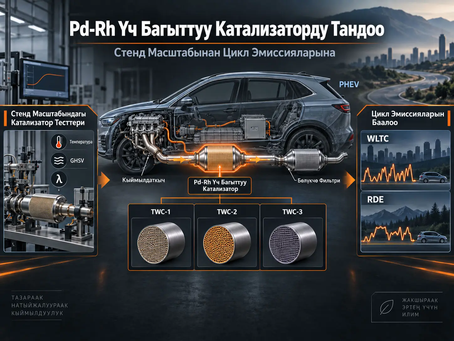 Plug-in гибрид автоунааларда Pd-Rh үч багыттуу катализаторун тандоо: стенд масштабындагы конверсия мүнөздөмөлөрүнөн WLTC жана RDE цикл эмиссияларына чейин