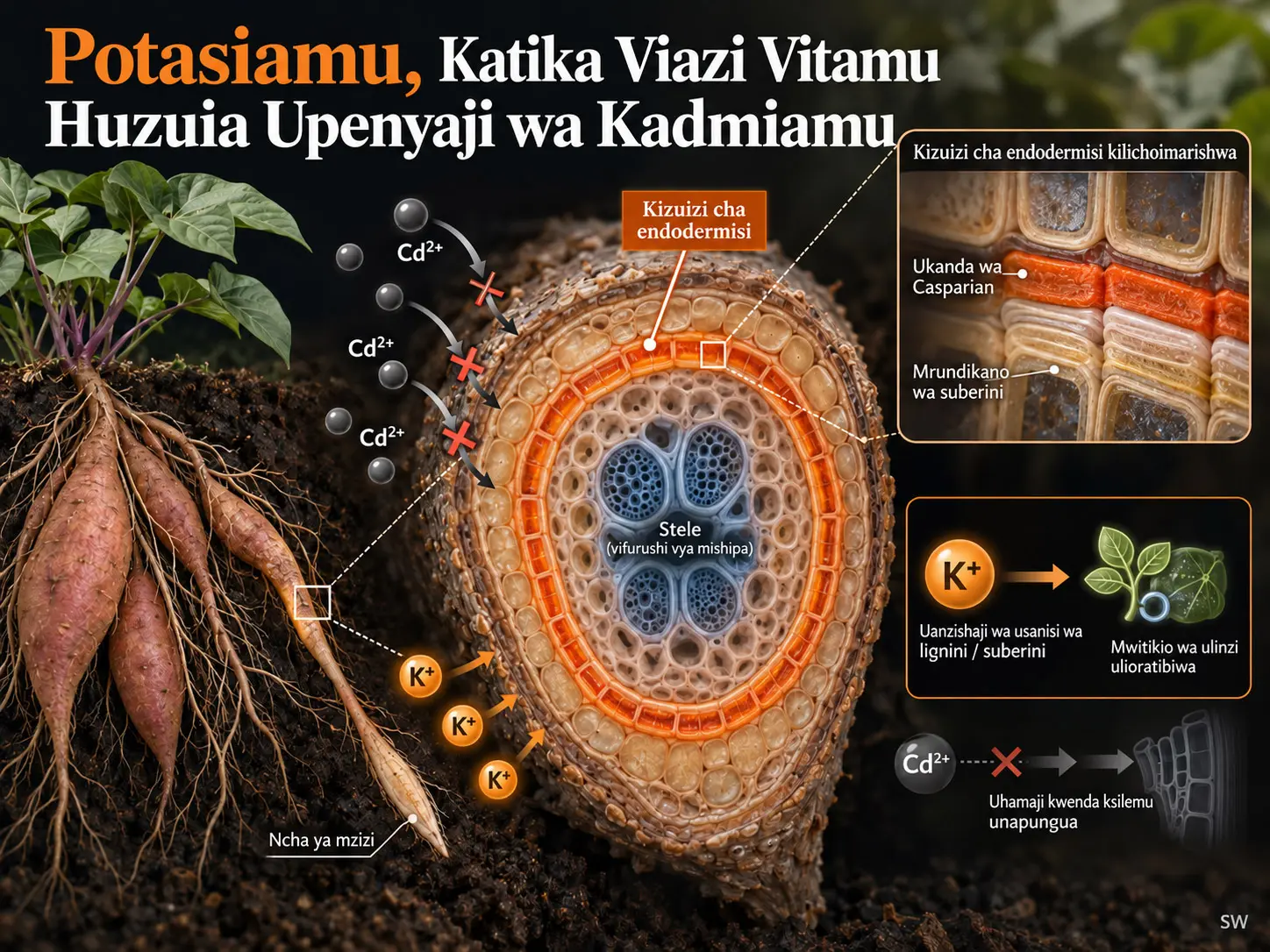 Potasiamu Huzuia Uchukuaji wa Kadmiamu katika Viazi Vitamu kwa Kuimarisha Vizuizi vya Endodermisi na Kupanga Upya Mgawanyo wa Nishati