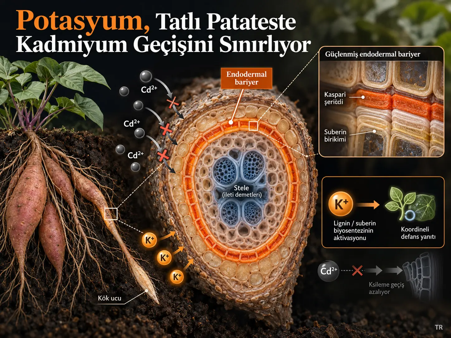 Potasyum, Tatlı Patateste Endodermal Bariyerleri Güçlendirerek ve Enerji Dağılımını Yeniden Programlayarak Kadmiyum Alımını Engelliyor