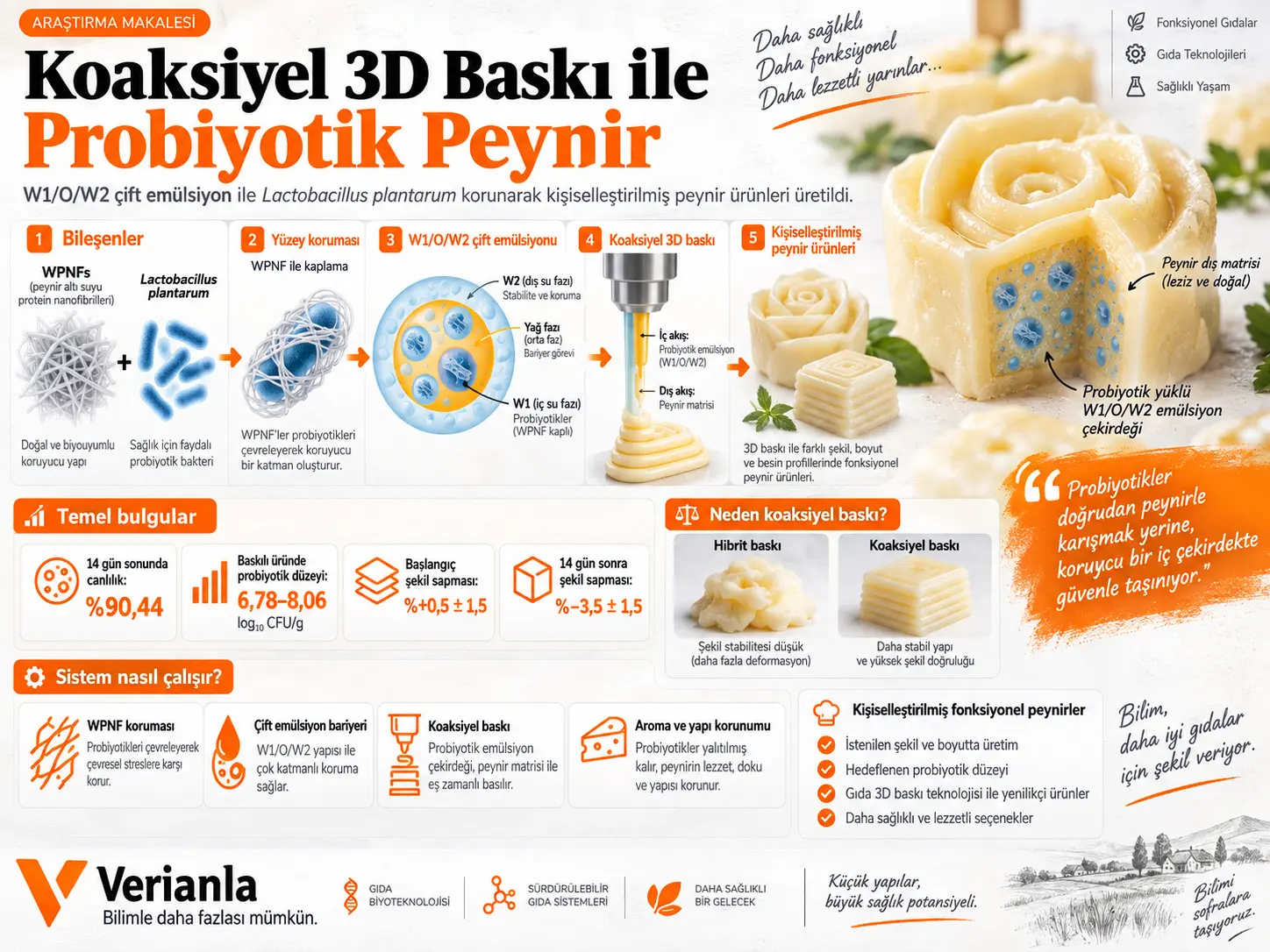 Probiyotiklerin W1/O/W2 Çift Emülsiyonunda Enkapsülasyonu ile Koaksiyel 3D Baskılı Probiyotikçe Zengin Peynir Ürünlerinin Üretimi