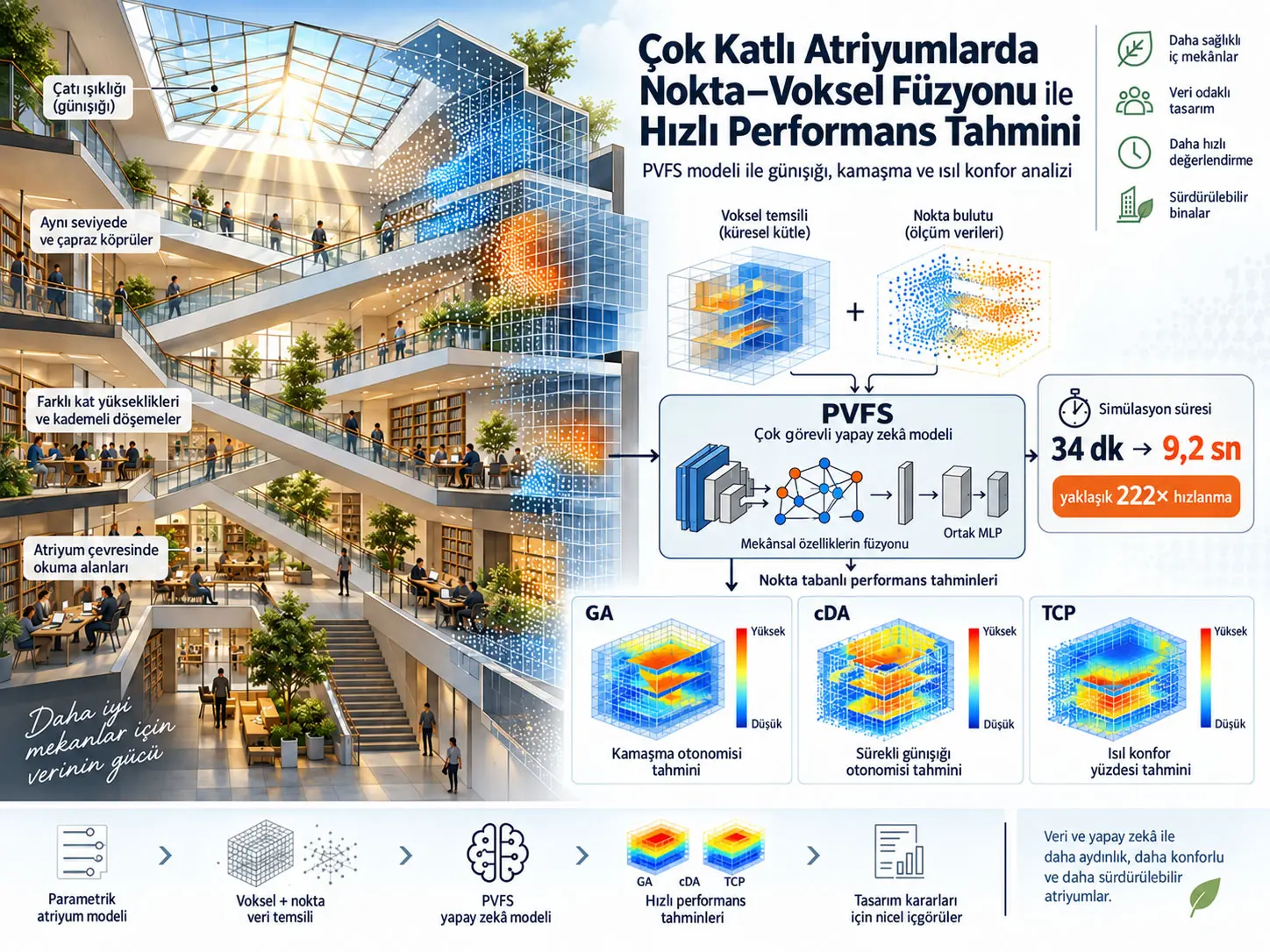 PVFS: Çok Katlı Atriyumlarda Performans Metriklerinin Nokta Bazlı Tahmini için Nokta–Voksel Füzyonlu Çok Görevli Vekil Model