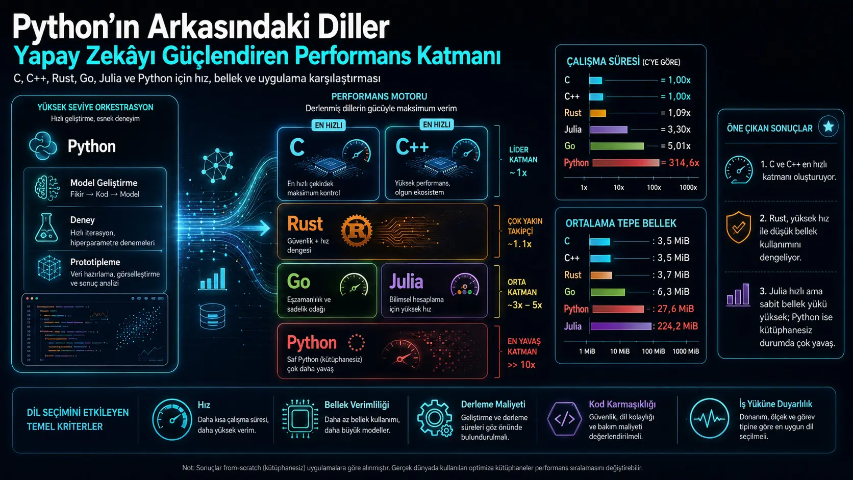 Python ortidagi tillar: sun’iy intellekt algoritmlarida C, C++, Rust, Julia va Go qanchalik tez?