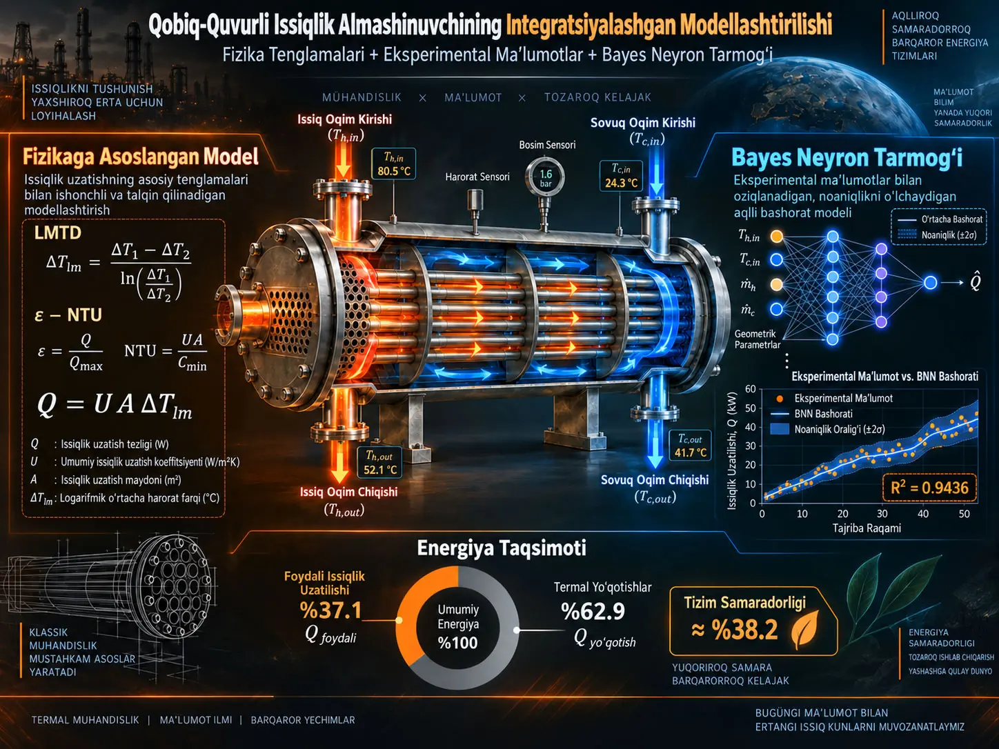 Qobiq-Quvurli Issiqlik Almashinuvchini Fizika Tenglamalari, Eksperimental Ma’lumotlar va Bayes Neyron Tarmog‘i Bilan Integratsiyalashgan Modellashtirish