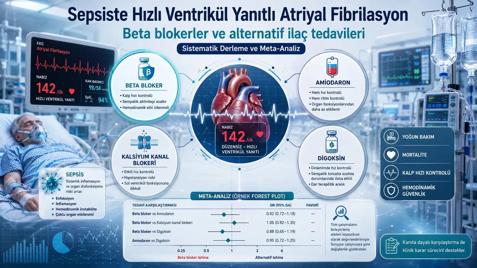 Sepsisda tez qorincha javobli atrial fibrillyatsiya: beta-blokatorlar amiodaron, kalsiy kanali blokatorlari va digoksinga qaraganda xavfsizroqmi?