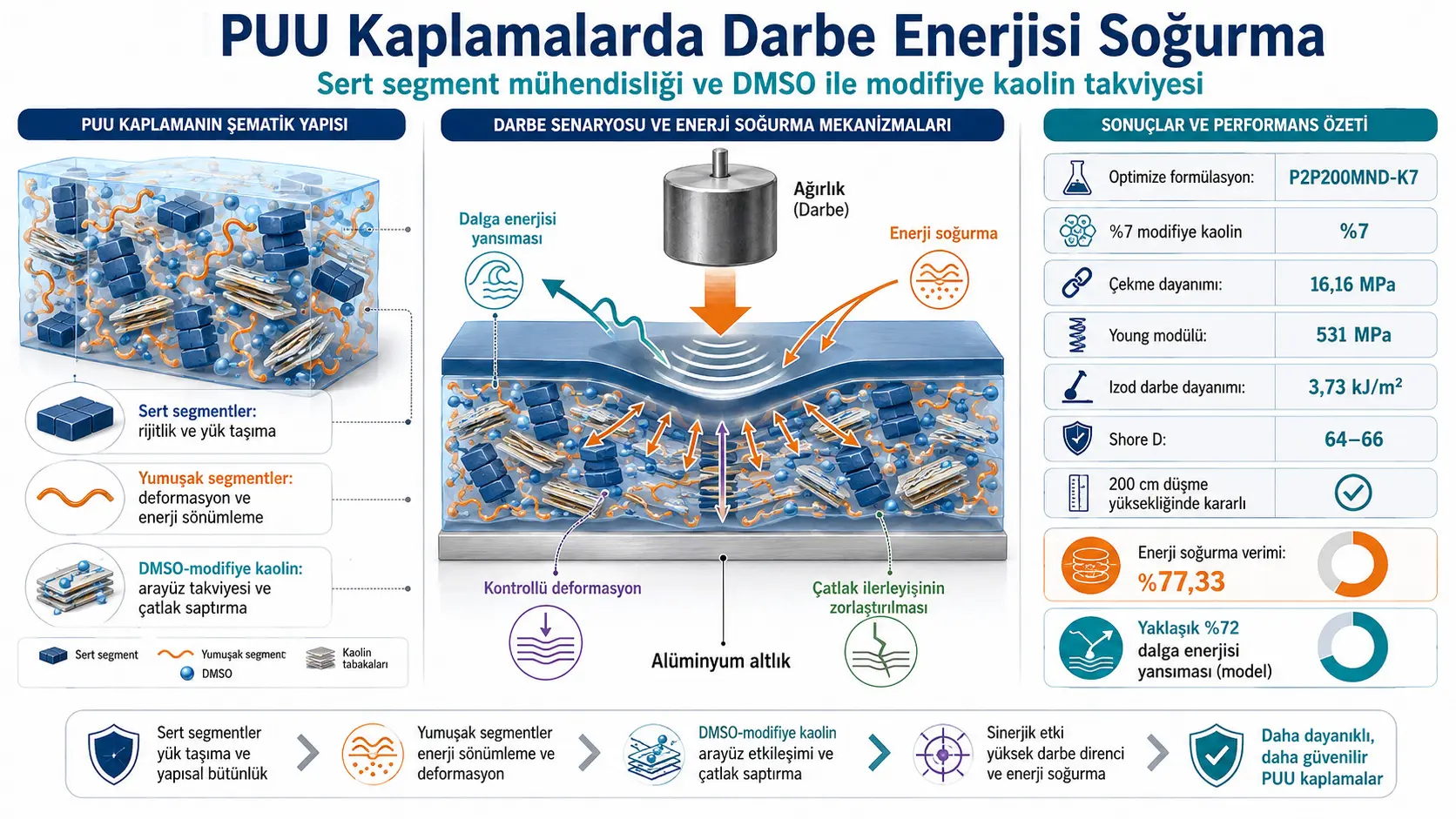 Sert Segment Mühendisliği ve DMSO ile İnterkale Edilmiş Nano-Kaolin, Poliüretan/Üre Kaplamalarda Darbe Enerjisi Soğurmayı Sinerjik Olarak Artırıyor