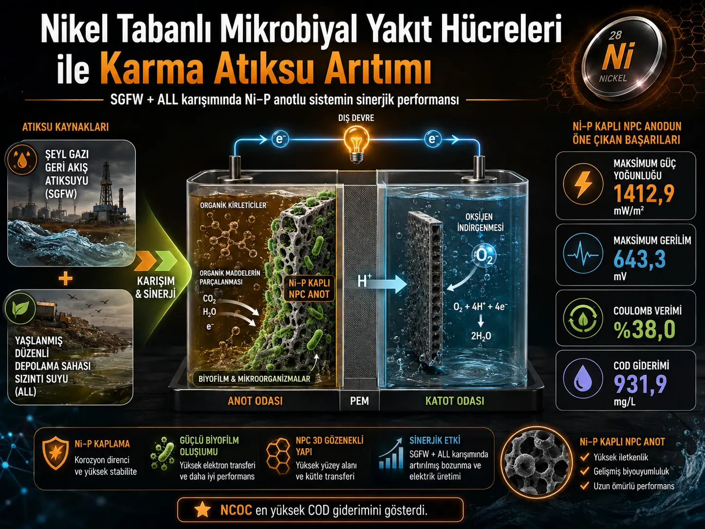 Slanets gazi qaytish oqova suvi va eskirgan sanitariya poligoni filtrat suvini tozalashda nikel asosli anodli mikrobial yoqilgʻi hujayralarining sinergik samaradorligi