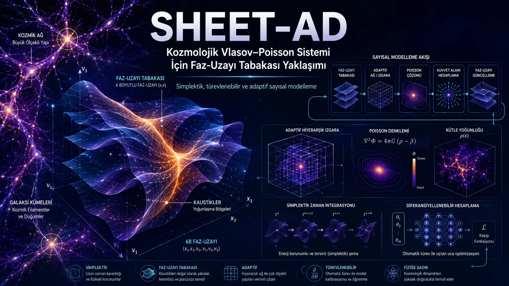 SHEET-AD: Kosmologik Vlasov–Puasson tizimi uchun fiksirlangan to‘r grafigida simplektik va differensiallanuvchi fazoviy faza qatlami diskretizatsiyasi