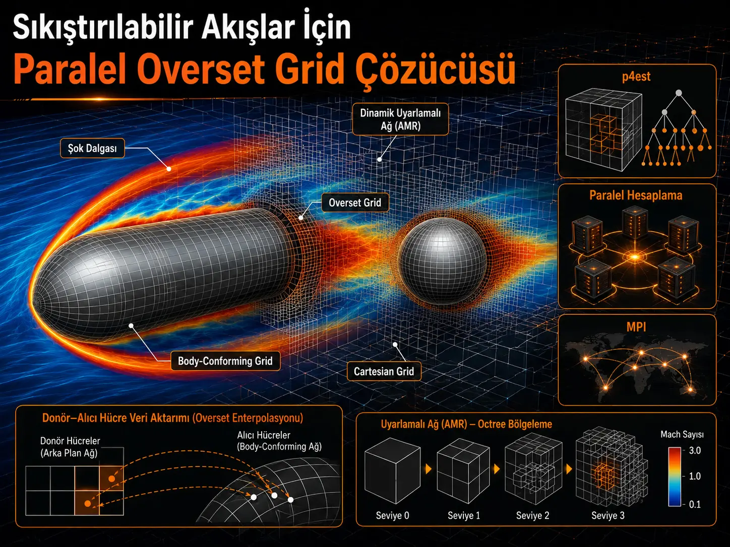 Siqiluvchan oqim muammolari uchun dinamik moslashtiriladigan qoplashuvchi (Overset) to‘rda parallel yechuvchi