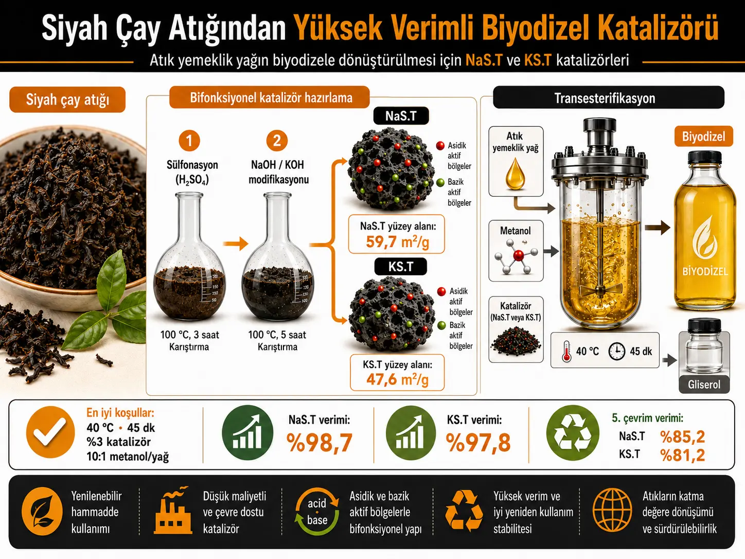 Qora choy chiqindisini kinetik va termodinamik tahlillar asosida chiqindi oziq-ovqat moyidan samarali biodizel ishlab chiqarish uchun bifunksional katalizatorga yuqori qiymatli qayta aylantirish