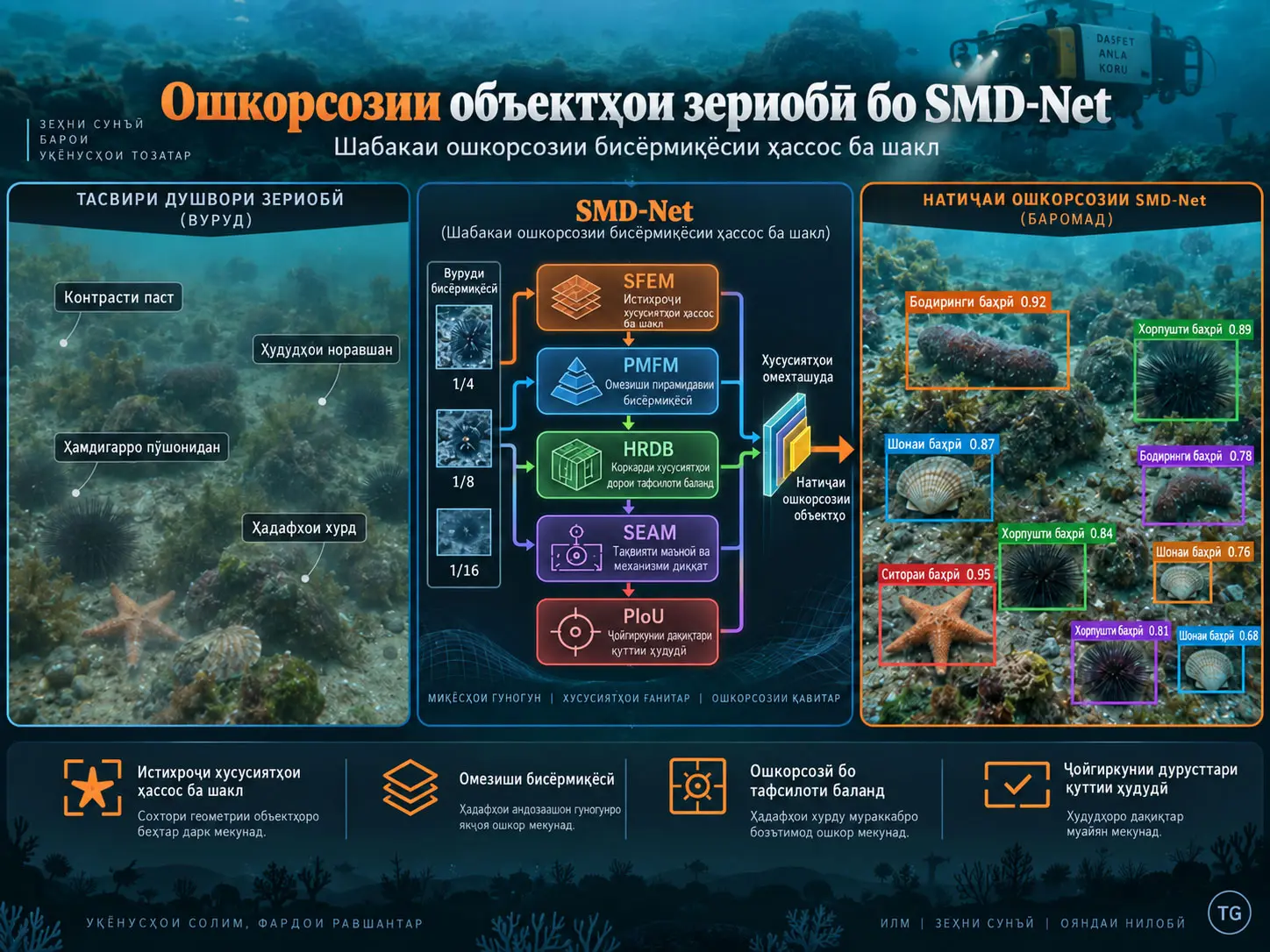 SMD-Net: Шабакаи Ошкорсозии Бисёрмиқёсии Ҳассос ба Шакл барои Ошкорсозии Объектҳои Зериобӣ