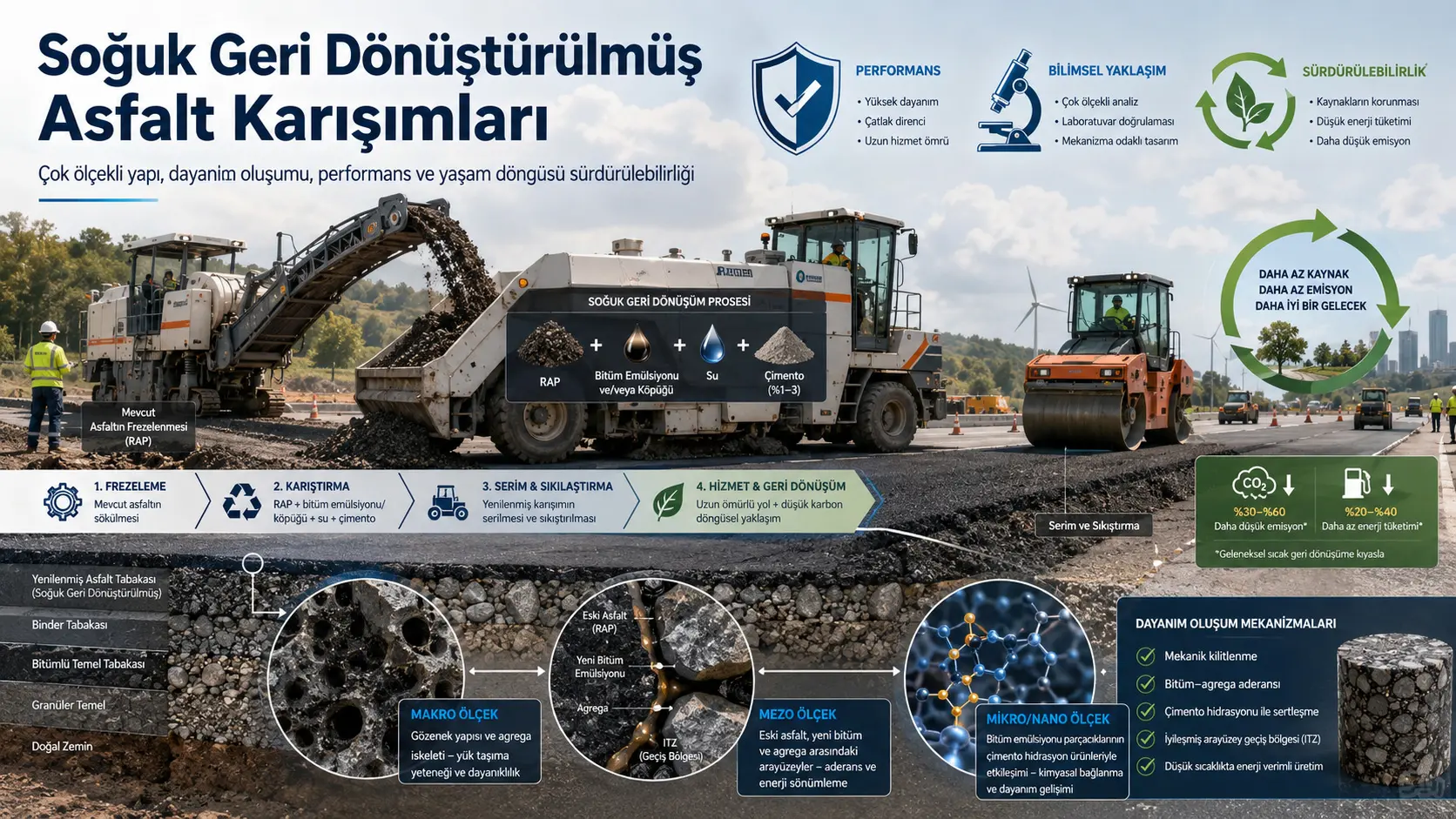 Soğuk Geri Dönüştürülmüş Asfalt Karışımları: Çok Ölçekli Yapı, Dayanım Oluşumu, Performans ve Yaşam Döngüsü Sürdürülebilirliği