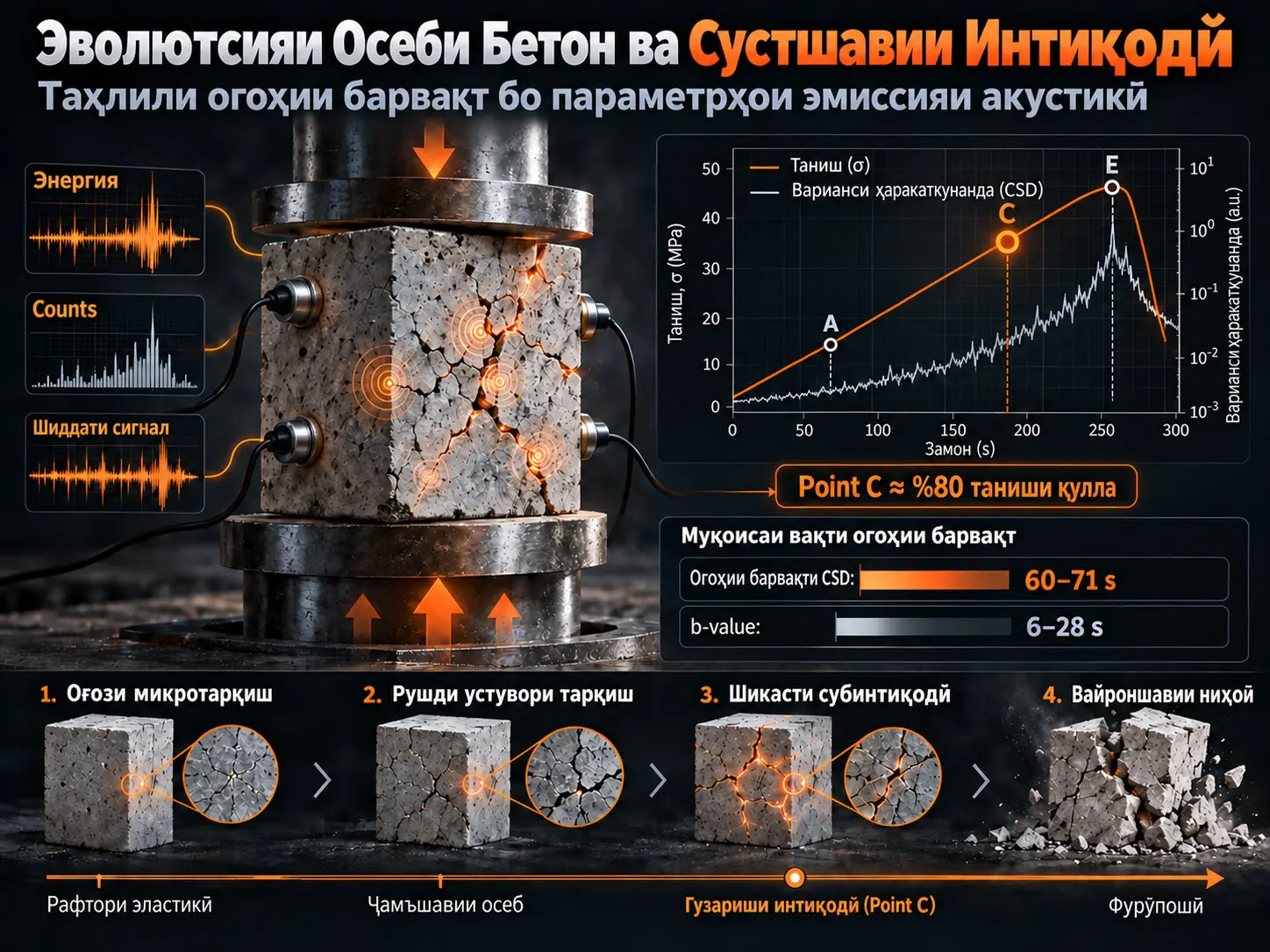 Таҳлили Эволютсияи Осеби Бетон Бар Асоси Хусусияти Сустшавии Интиқодии Параметрҳои Эмиссияи Акустикӣ