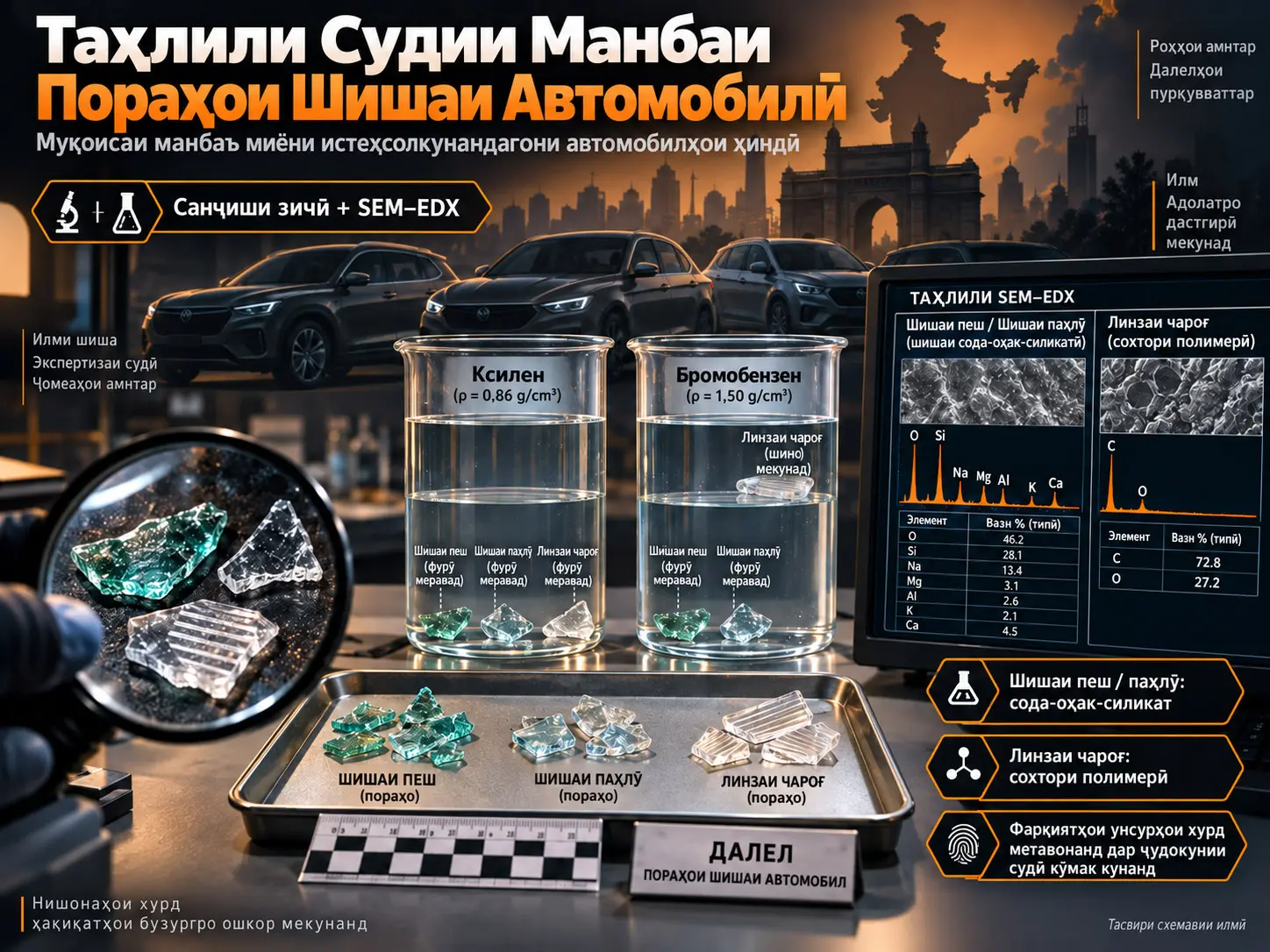 Таҳлили Судии Манбаи Пораҳои Шишаи Автомобилӣ: Фарқгузории Истеҳсолкунандагони Нақлиёт бо Зичӣ ва SEM–EDX
