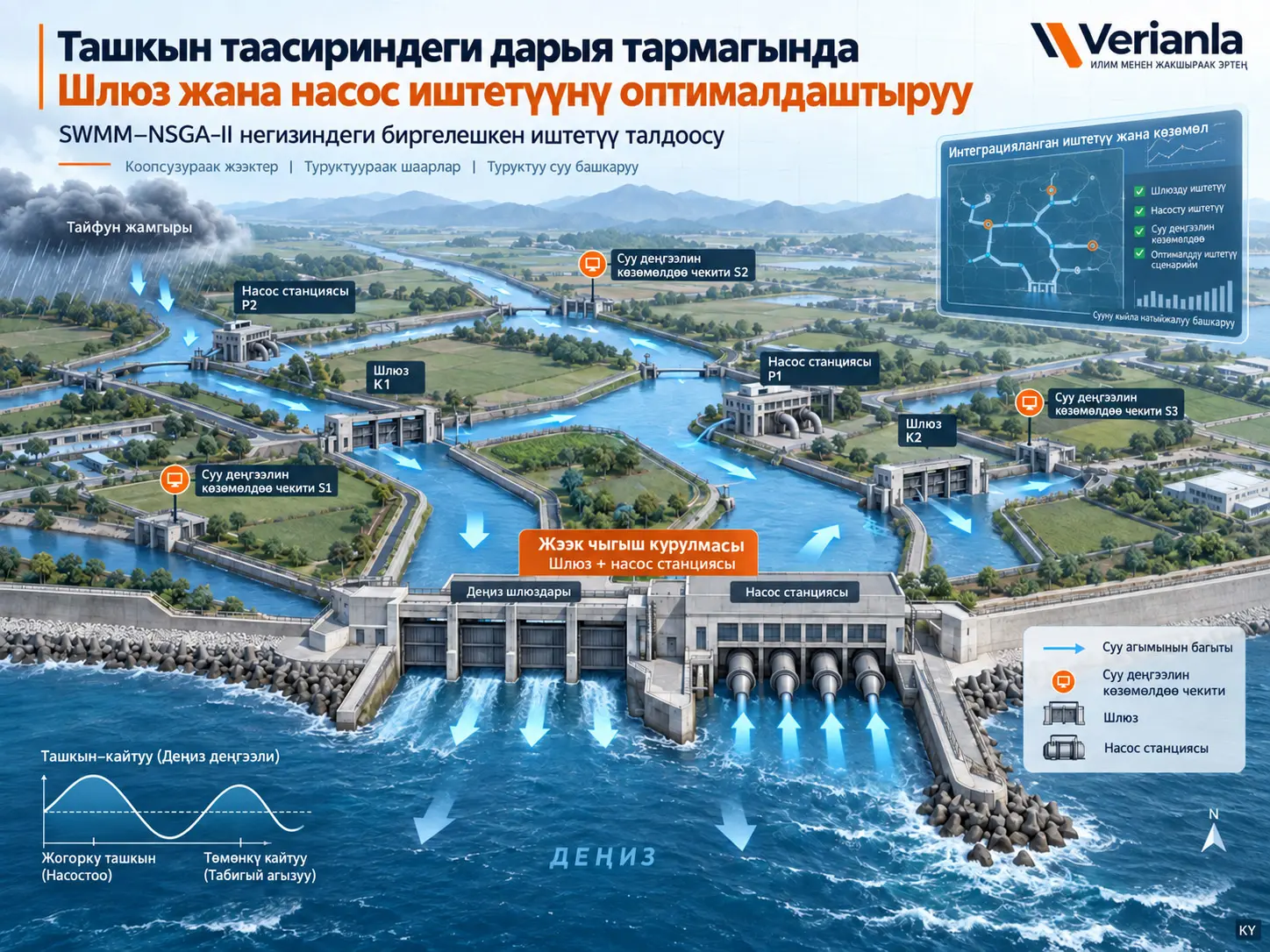 Ташкын таасириндеги дарыя тармагында көп шлюз жана насос станцияларын оптималдуу биргелешип иштетүү
